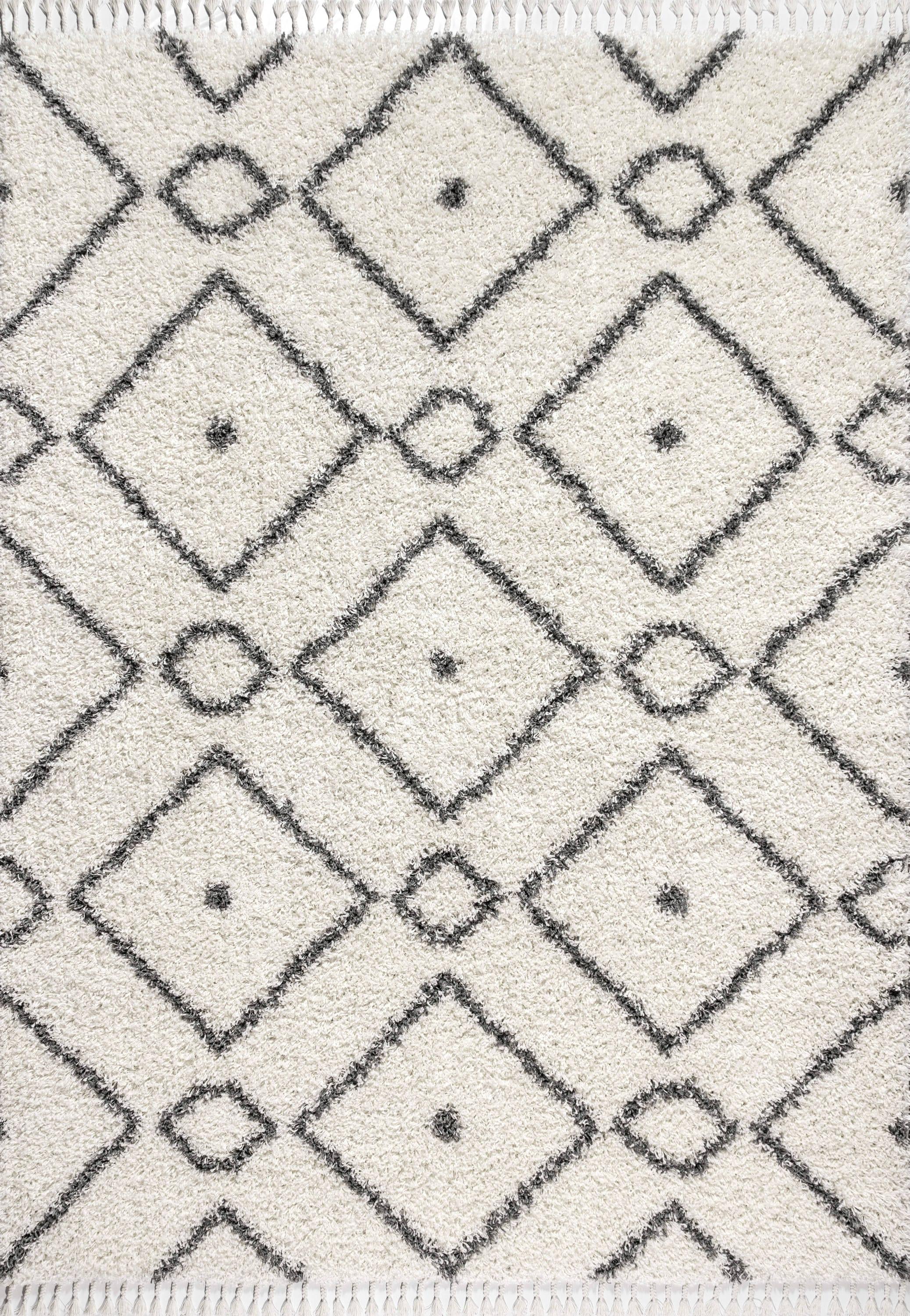 3'x5' Mercer Shag Plush Tassel Moroccan Diamond Area Rug, Cream/Grey - JONATHAN Y