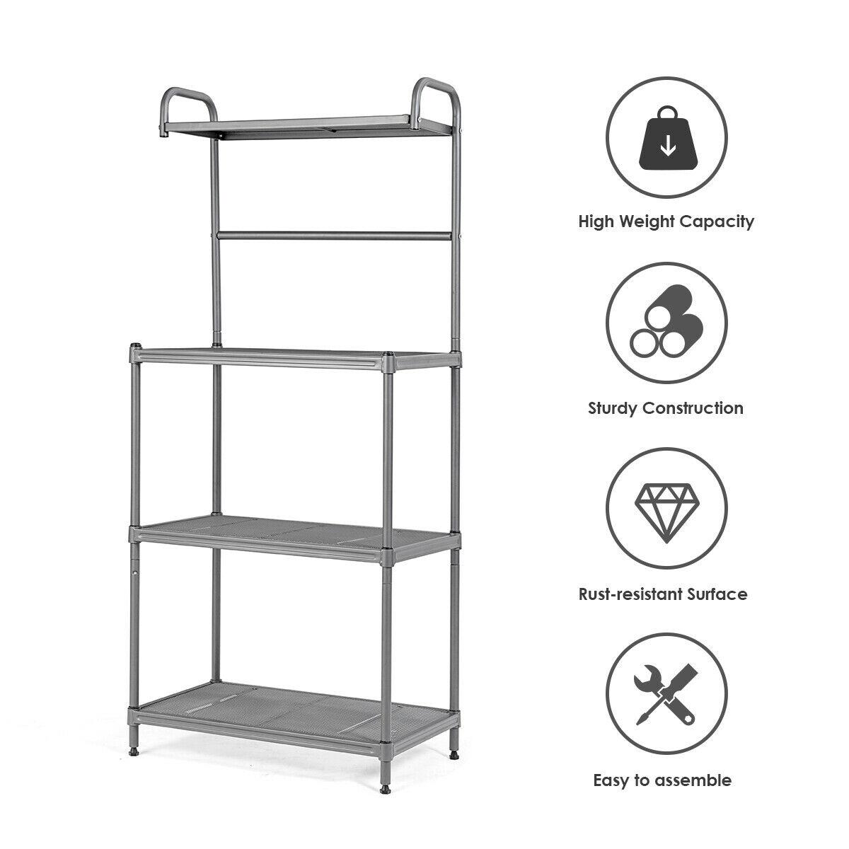 Costway 4-Tier Baker's Rack Microwave Oven Stand Shelves Kitchen Storage Rack Organizer Grey