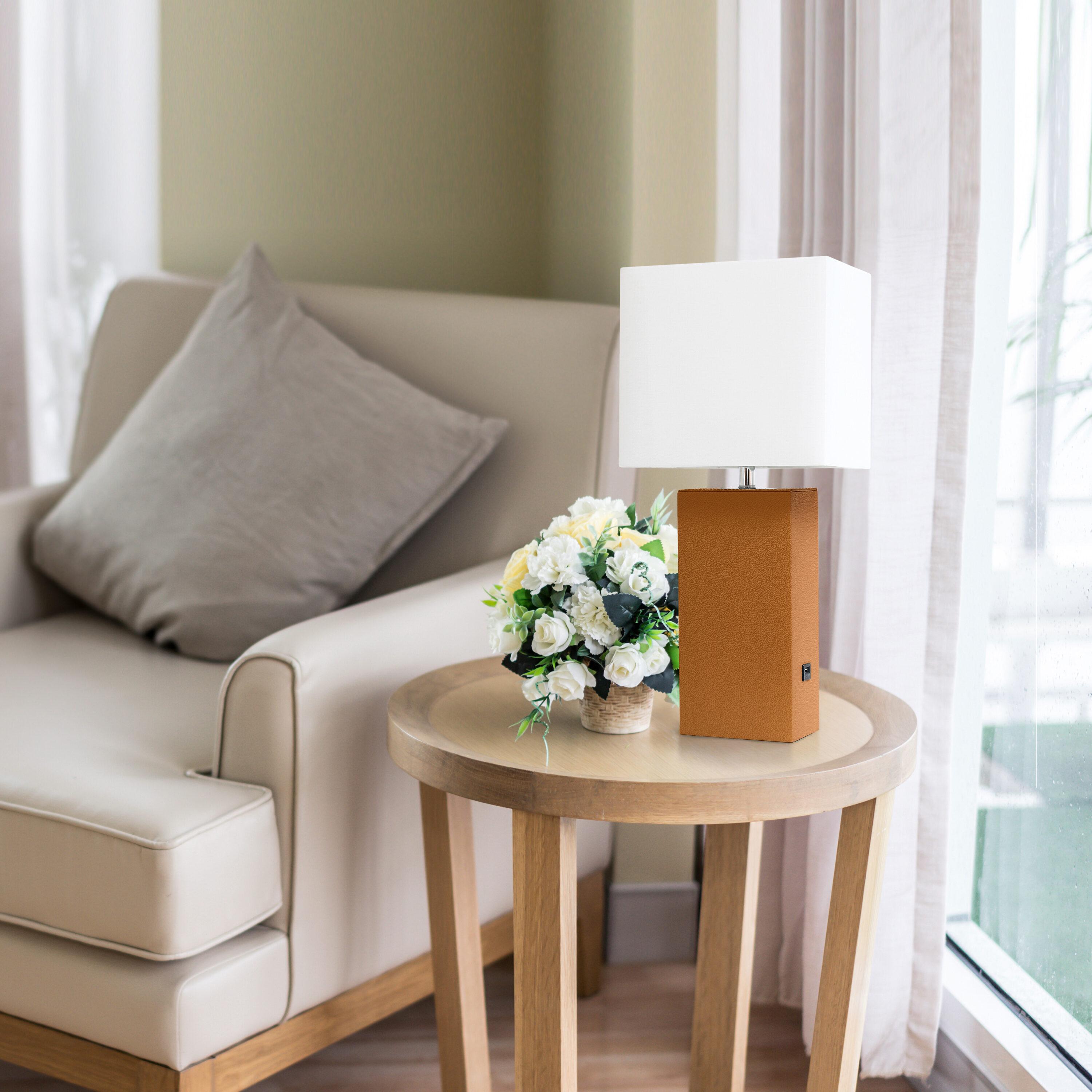 21" Lexington Leather Base Modern Home Decor Bedside Table Lamp with USB Charging Port and Fabric Shade Tan/White - Lalia Home: No Assembly