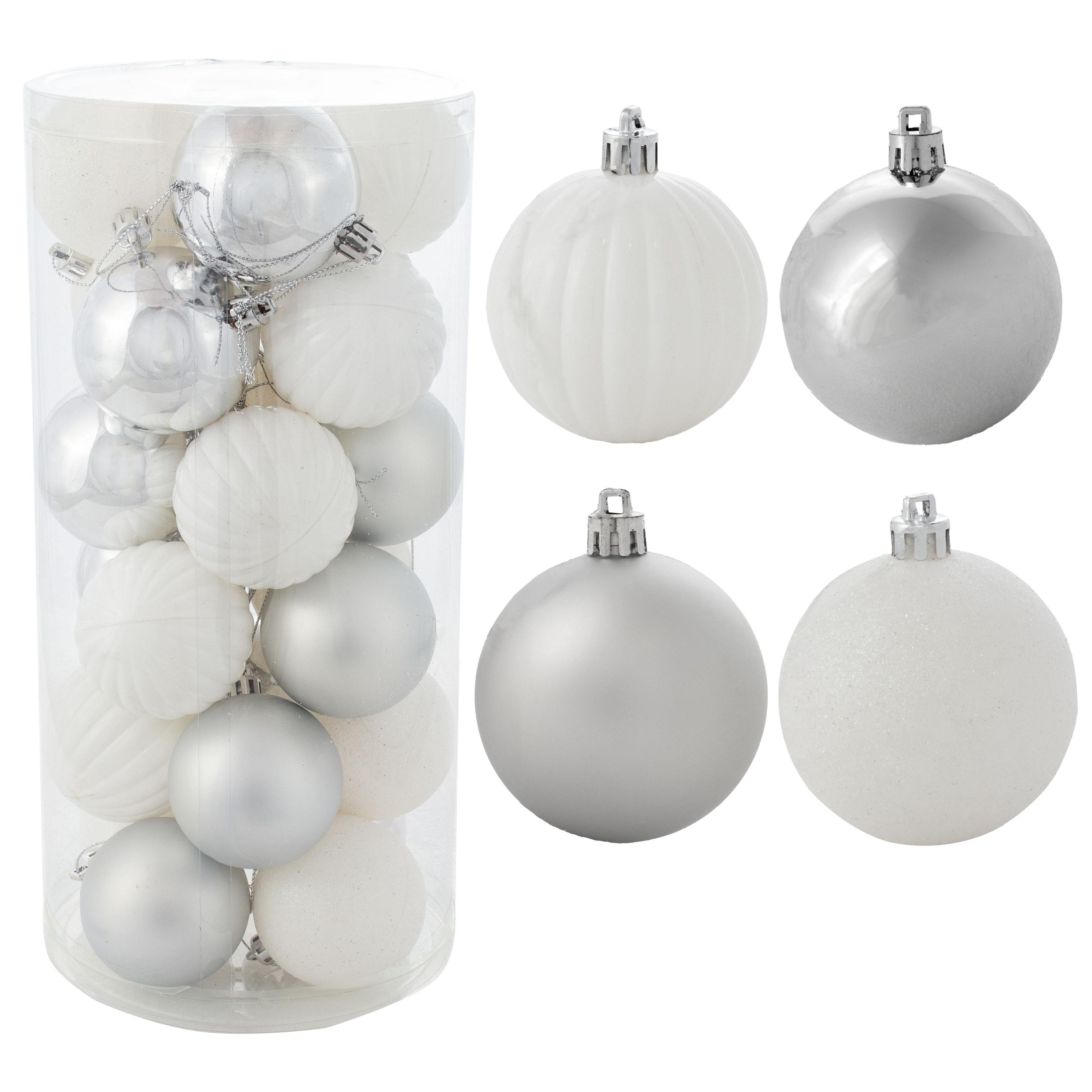 Sunnydaze Indoor Christmas Holiday Tree Shatterproof Merry Medley Ball Ornaments with Hooks - 2" - White and Silver - 24pc