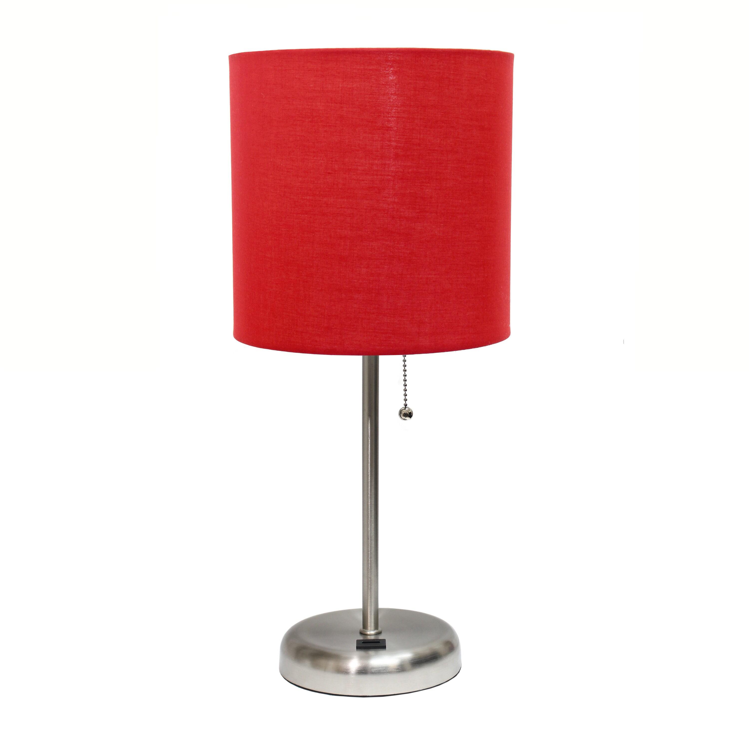 Creekwood Home 19.5" Bedside USB Port Feature Metal Table Desk Lamp Brushed Steel with Red Fabric Shade