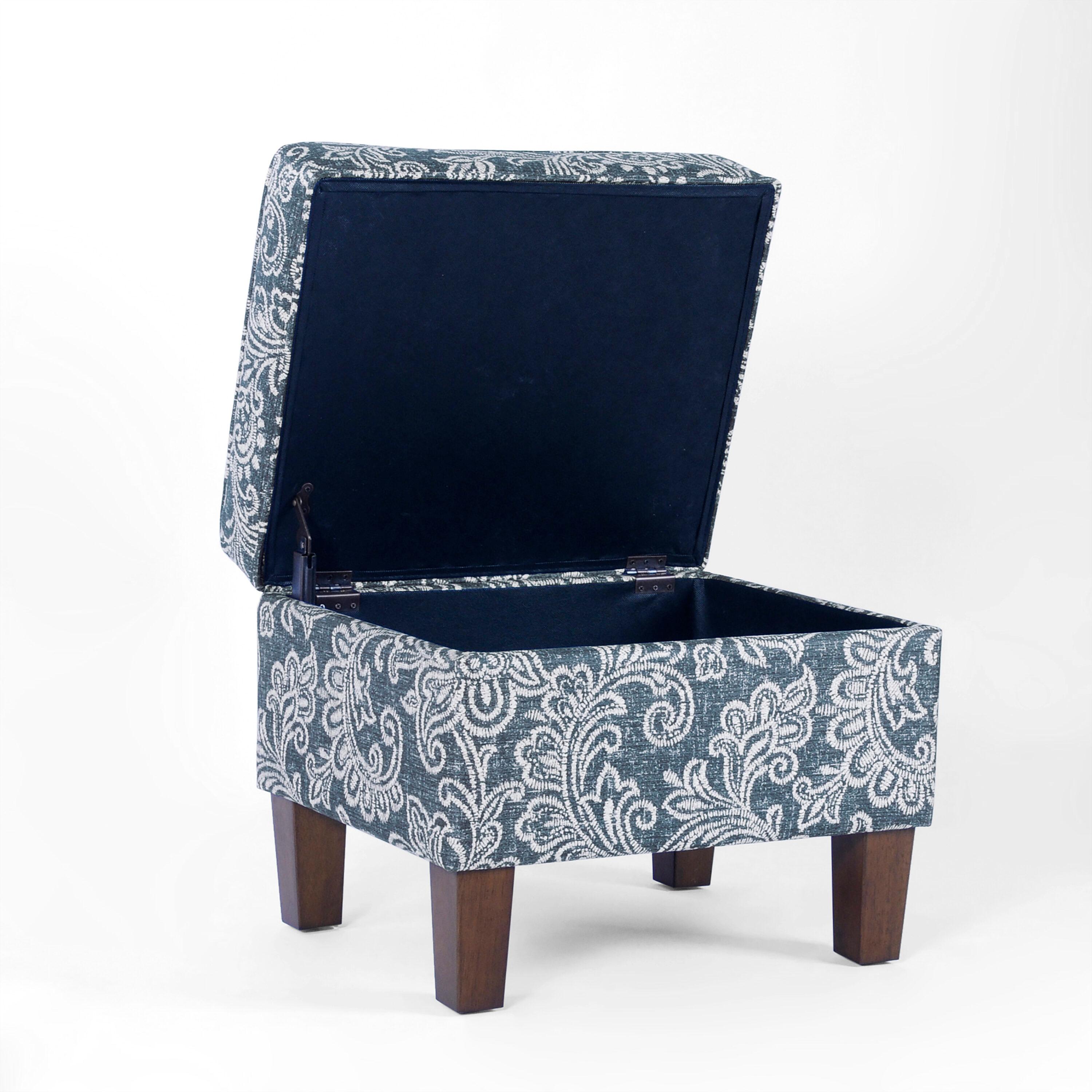 Medium Storage Ottoman Denim - HomePop: Upholstered Footstool, Botanical Pattern, Hardwood Frame