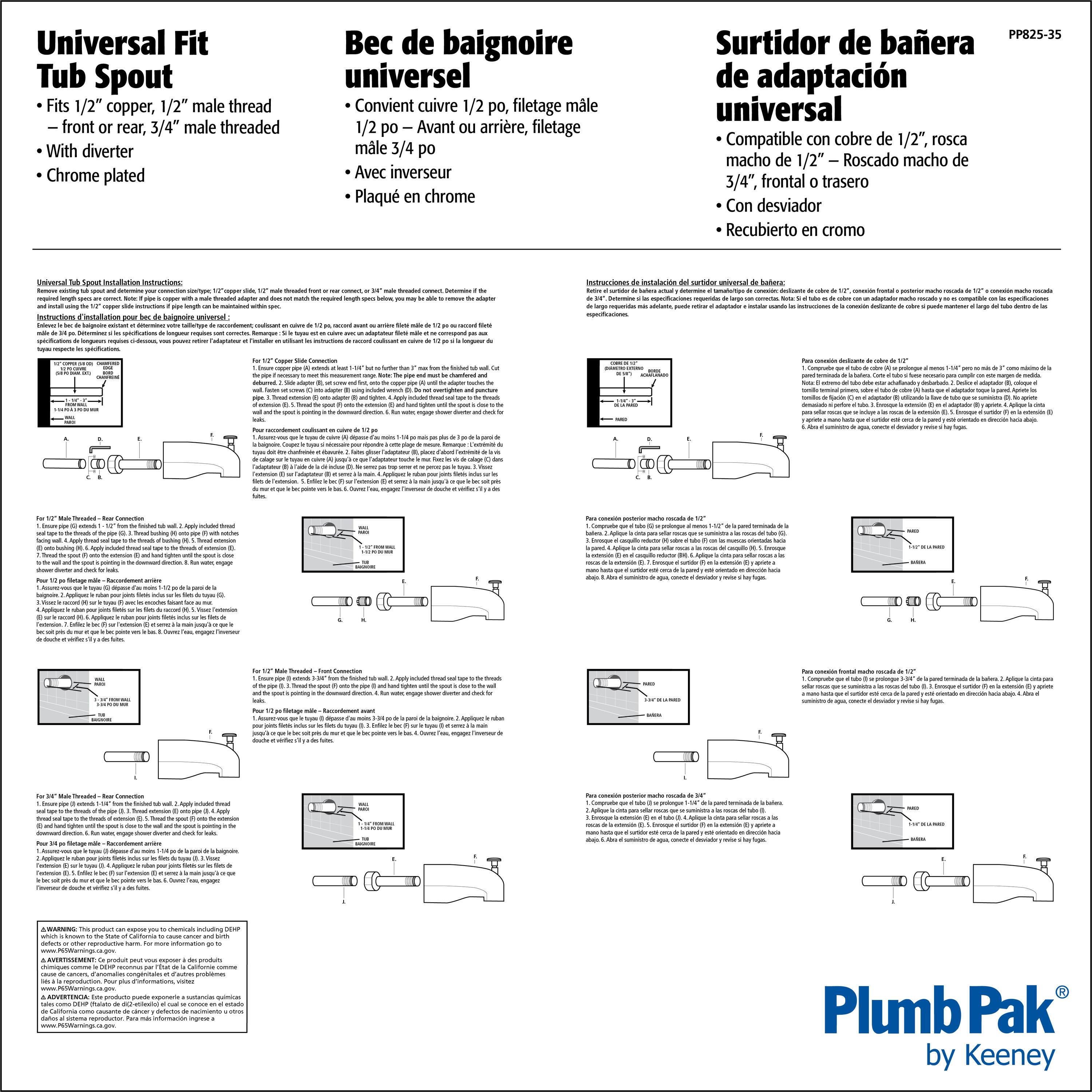 Keeney PP825-35 Universal Tub Spout with Front Diverter, Polished Chrome