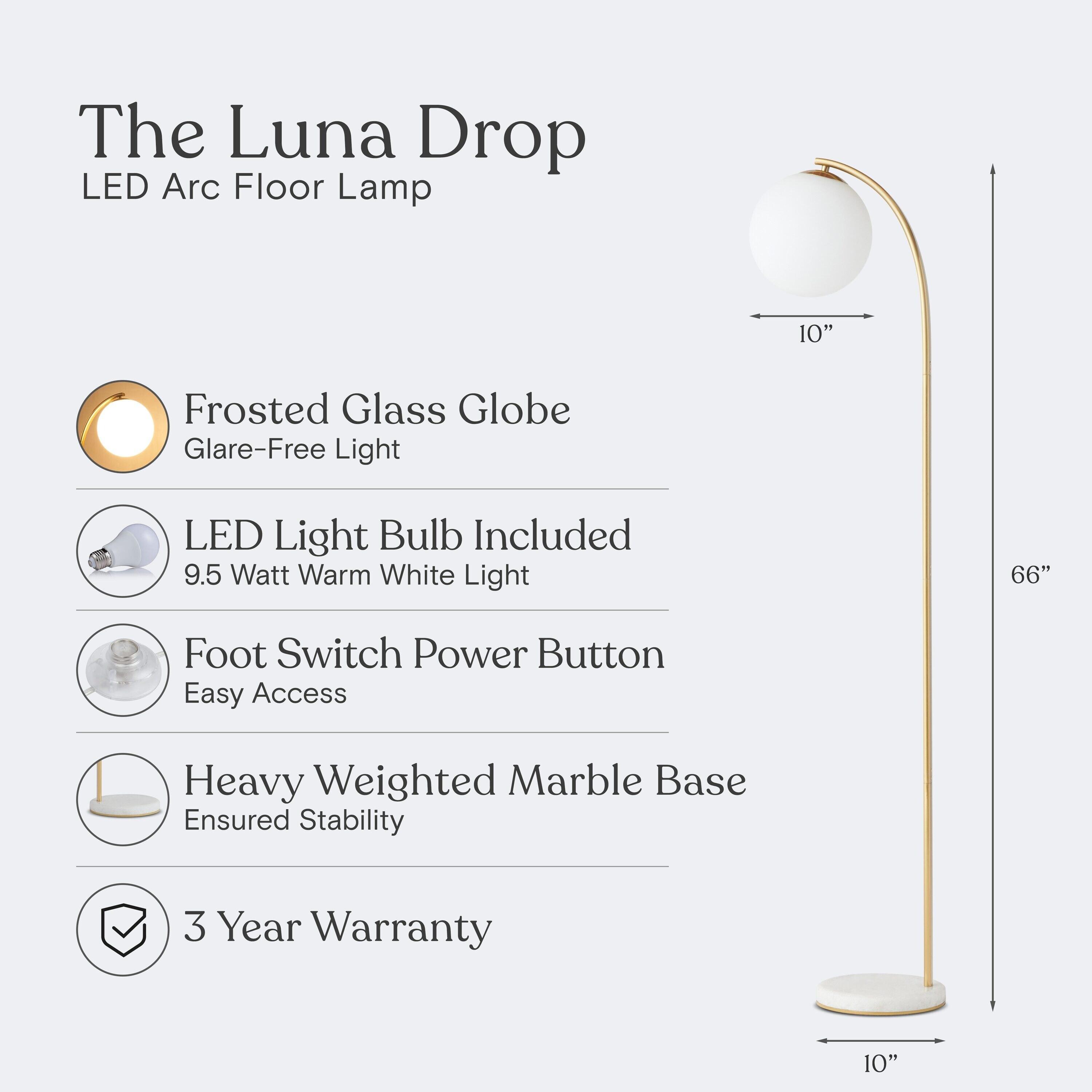 Luna Drop 75 in. Modern LED Arc Floor Lamp with Frosted Glass Globe Shade