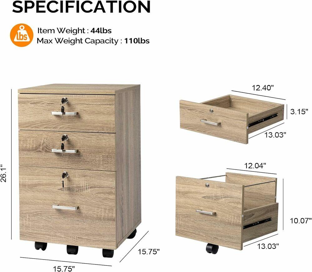 Ktaxon 3-Drawer Rolling Wood File Cabinet with Lock, Portable Vertical Mobile Wooden Storage, Business Filing Cabinet for Home Office,Oak