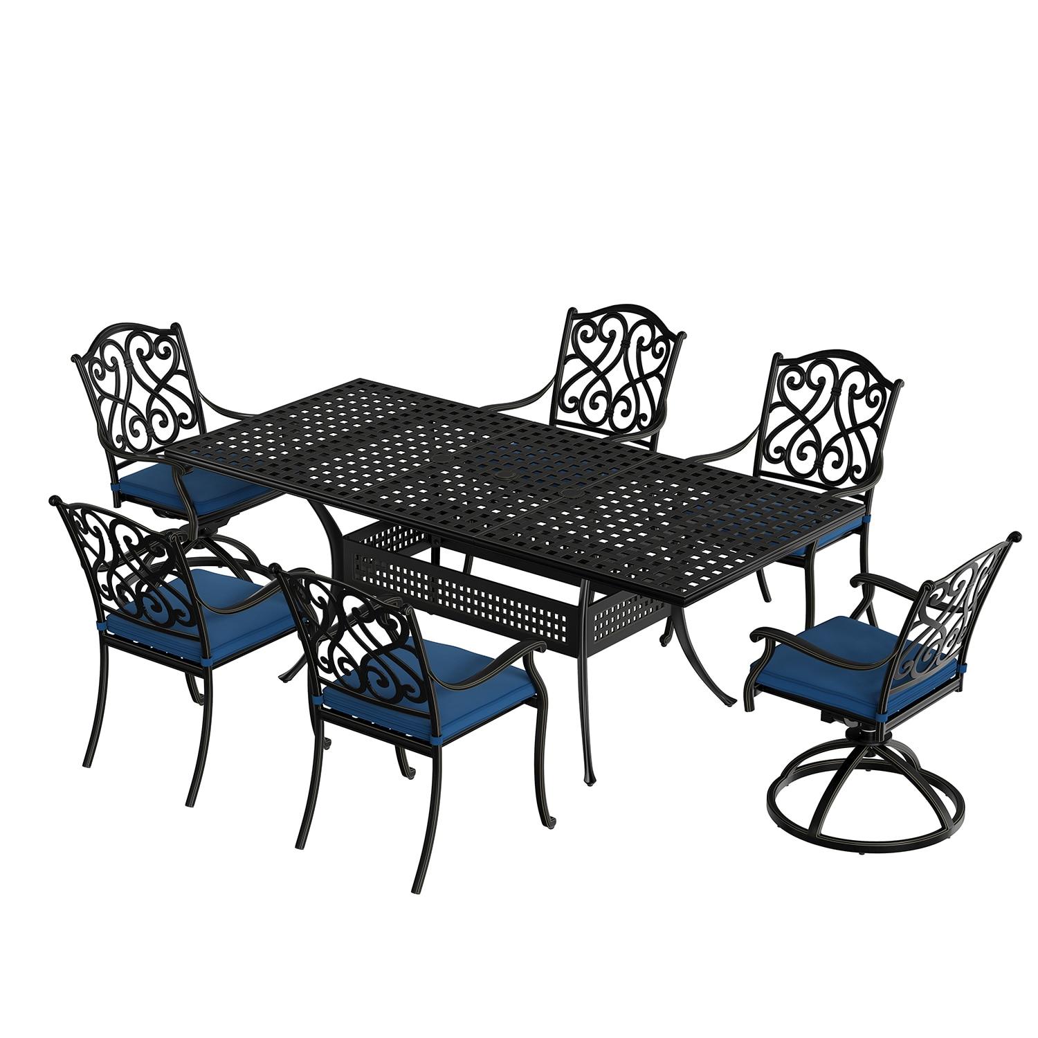 Black Cast Aluminum 6-Person Outdoor Dining Set with Blue Cushions