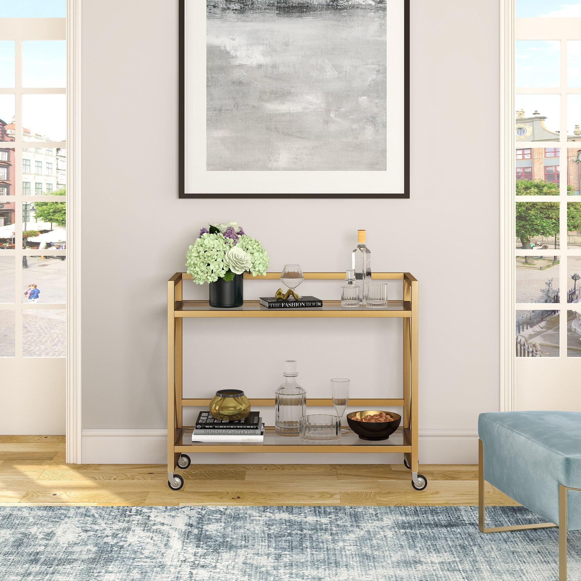 Evelyn&Zoe 38" Brass Metal/Glass Bar Cart