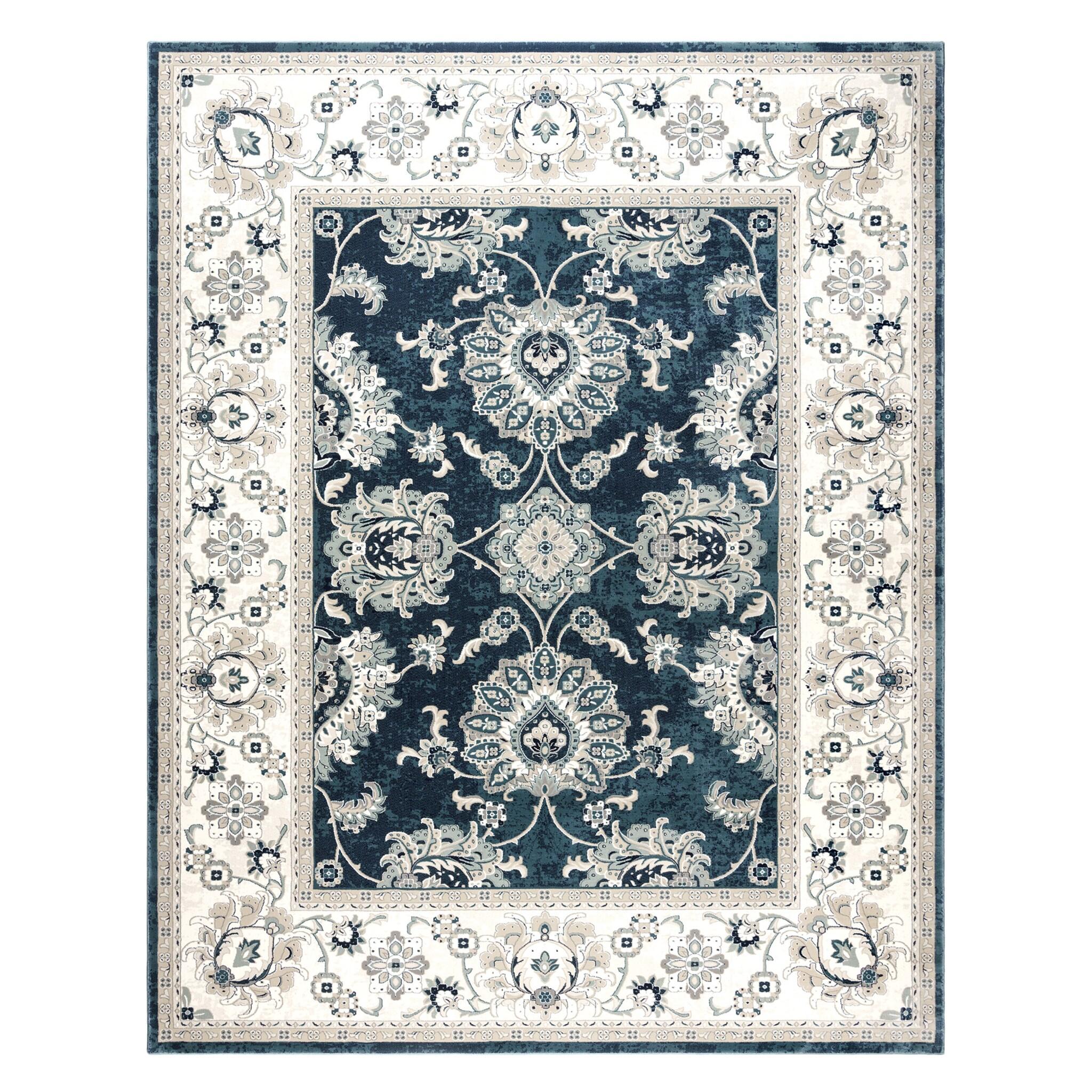 Majestic Moena Navy Blue Traditional Floral Oriental Border Area Rug