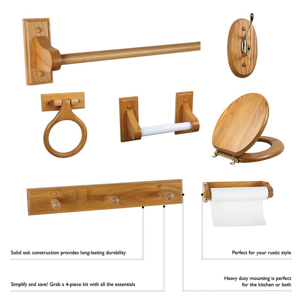 Dalton 4-Piece Bathroom Accessory Set, Honey Oak, Includes Towel Bar, Towel Ring, Toilet Paper Holder, and Robe Hook – Design House, 561258
