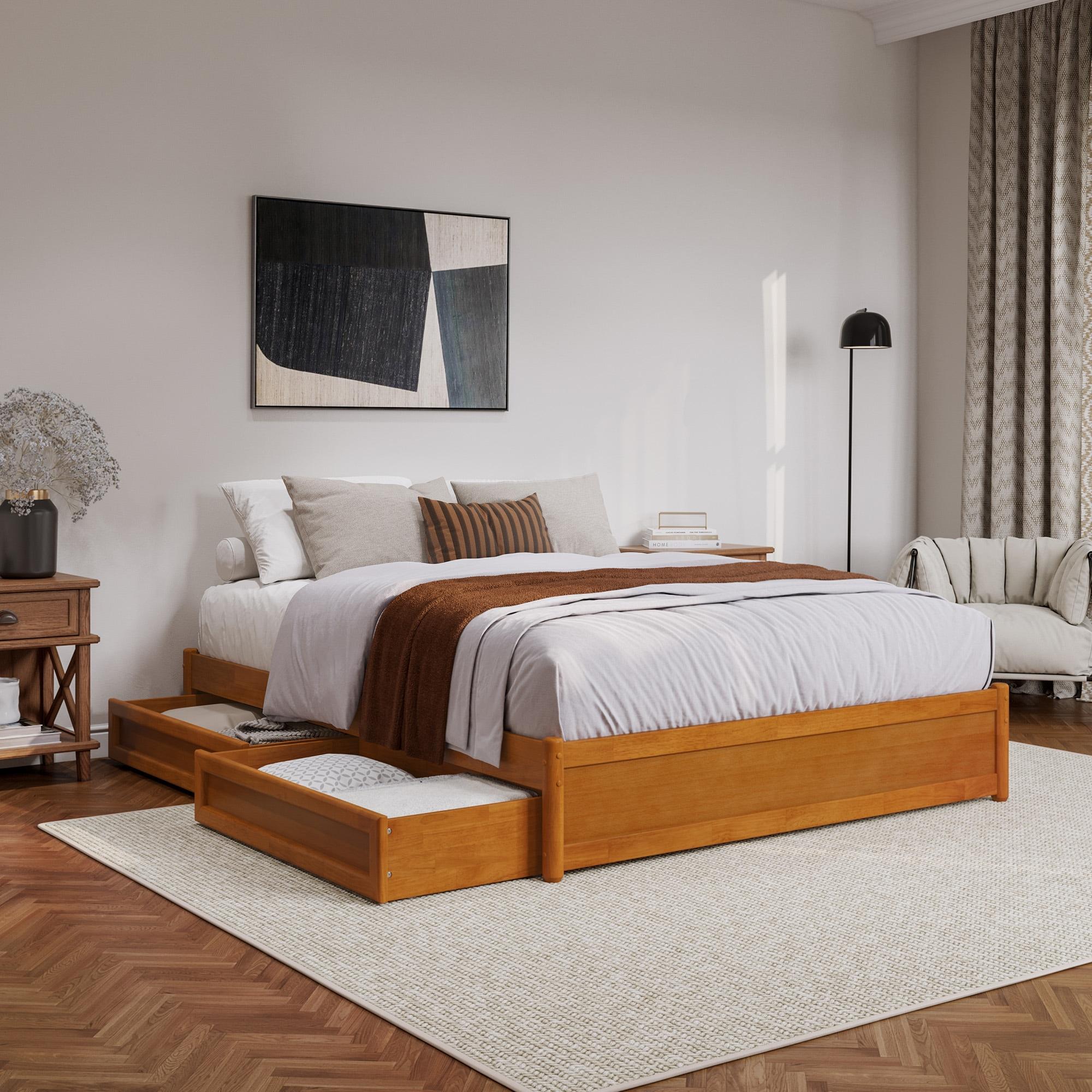 Barcelona Queen Wood Panel Platform Bed with Storage Drawers in Light Toffee