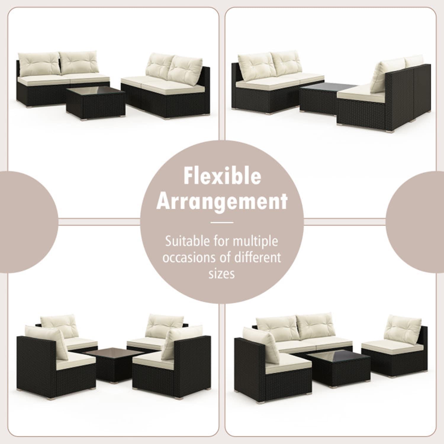 Topcobe 7 Pieces Patio Rattan Furniture Set with Sectional Sofa Cushions, Outdoor Patio Furniture-Beige