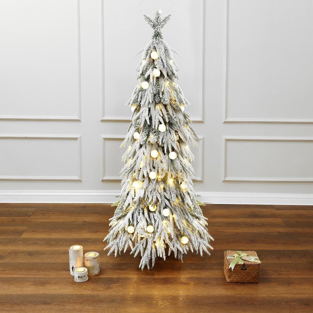 LuxenHome 4.5Ft Pre-Lit Snow Flocked Slender Fir Artificial Christmas Tree Green