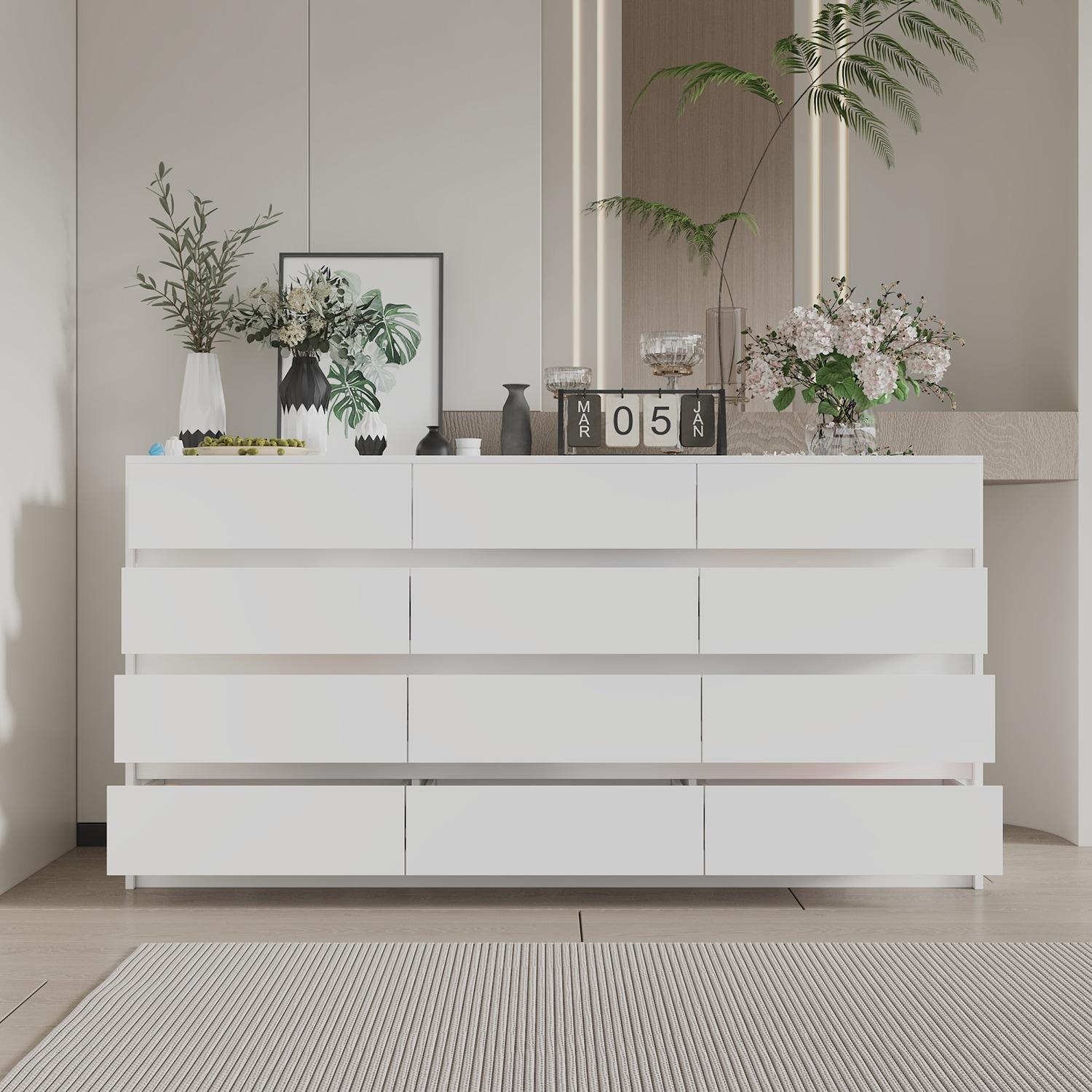 White Double Dresser with 12 Drawers, Modern Engineered Wood