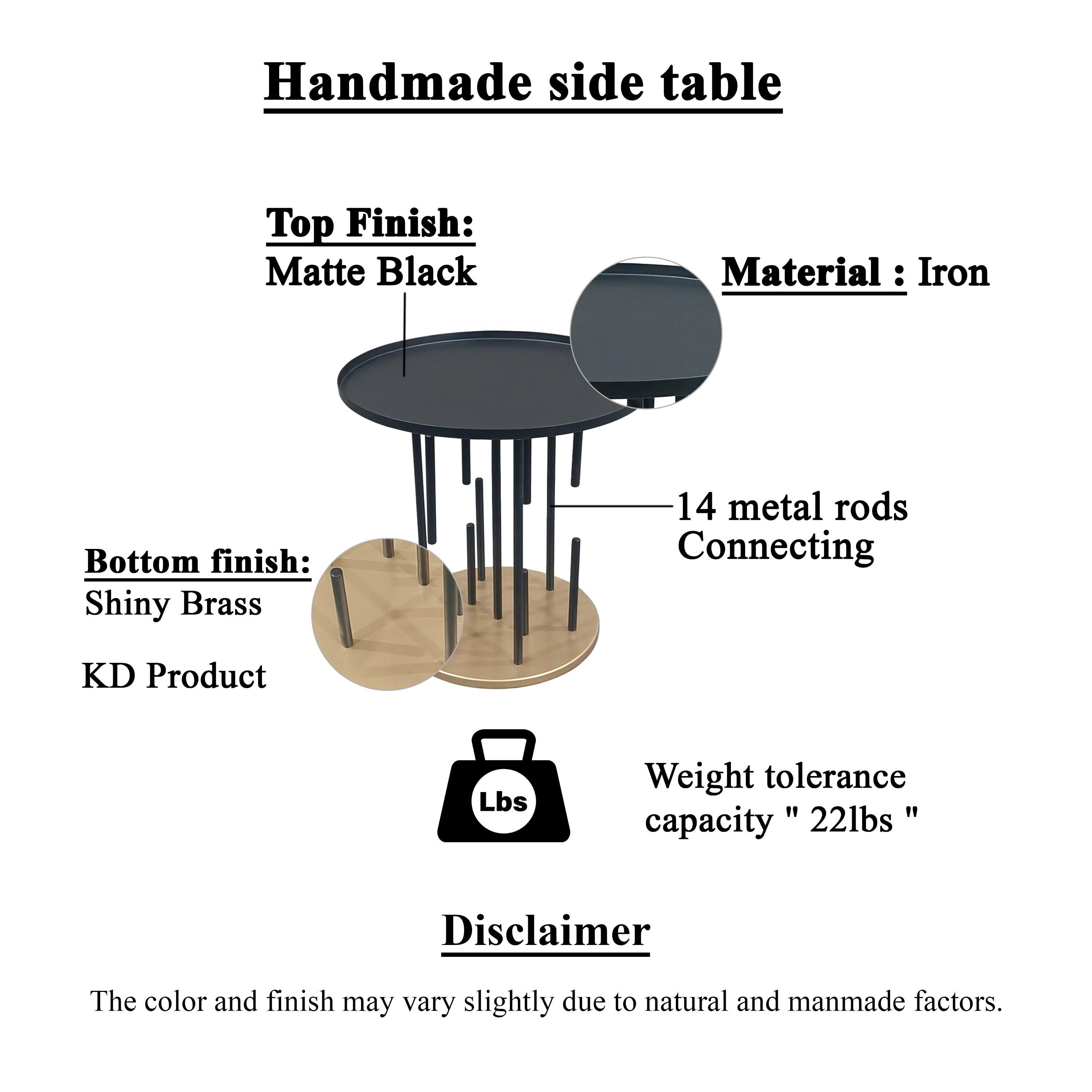 The Urban Port 20" Side End Table Round Matte Black Tray Top Modern Rod Supports with Brass Base Black/Brass