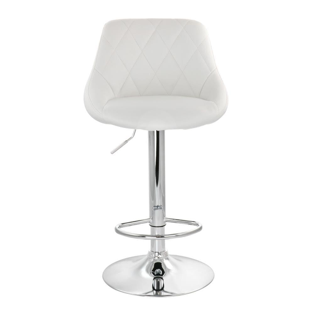 Elama 2 Piece Diamond Stitched Faux Leather Bar Stool in White with Chrome Base  and Adjustable Height