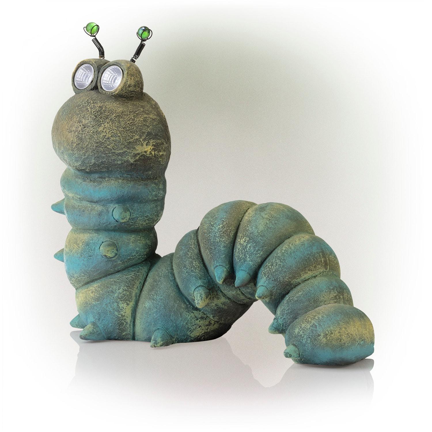 16-inch Green Solar-Powered Caterpillar Garden Statue with LED Eyes