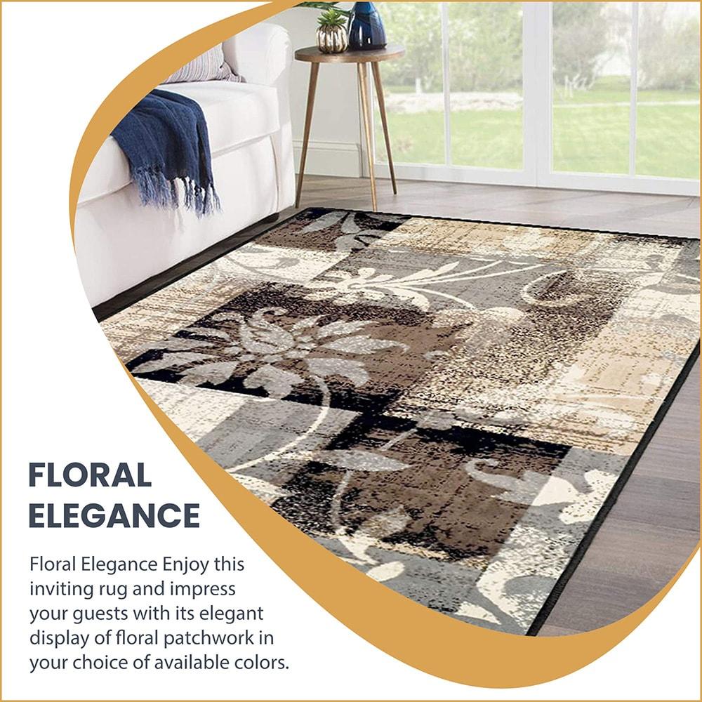 Superior Indoor Area Rug, Jute Backed, Perfect for Office, Living/Dining Room, Bedroom, Kitchen, Hallway, Entryway, Floor, Modern Floral Patchwork Decor, Pastiche Collection, 4' x 6', Beige