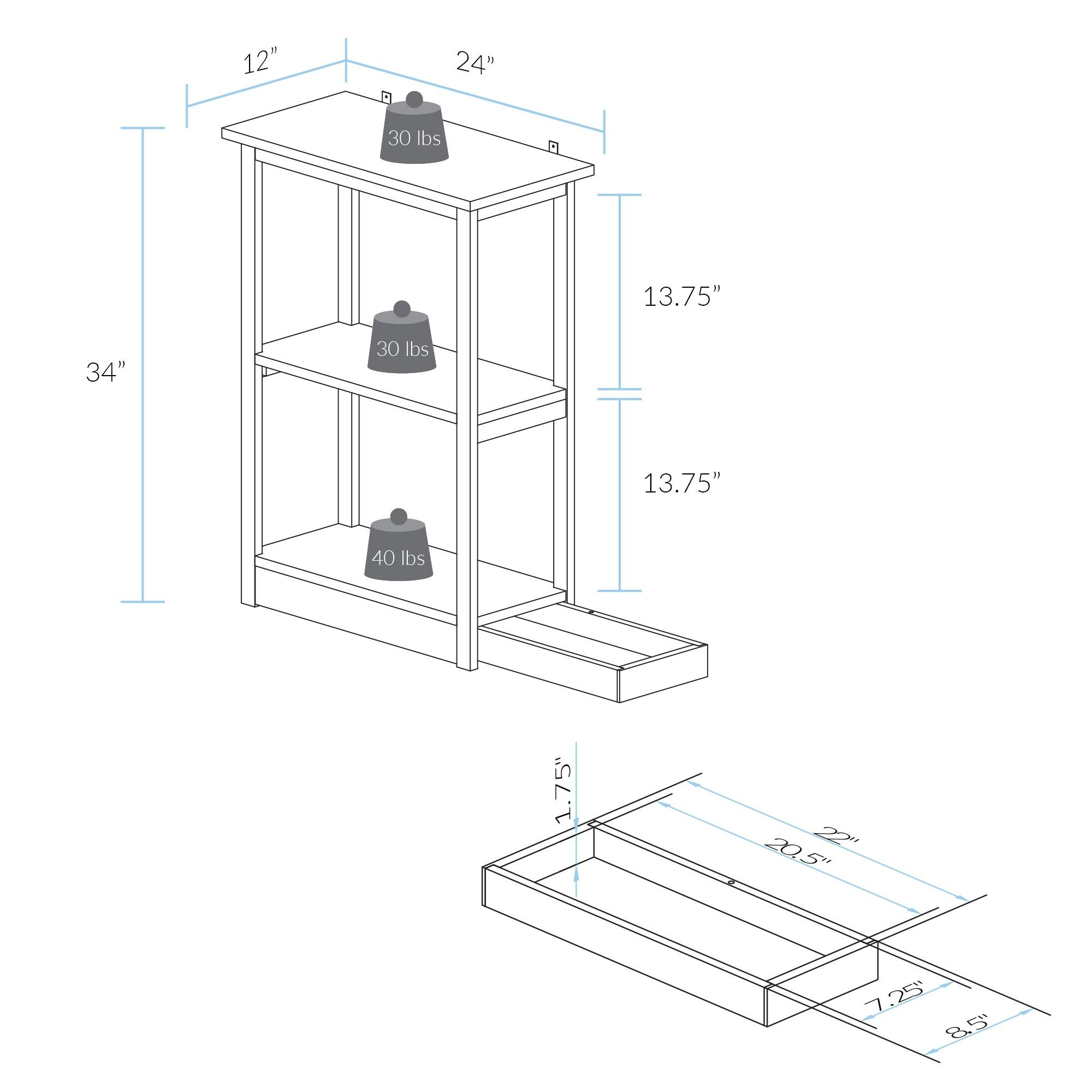 Casual Home  Adams 3-Shelf Bookcase with Concealed Sliding Track, Concealment Furniture - White