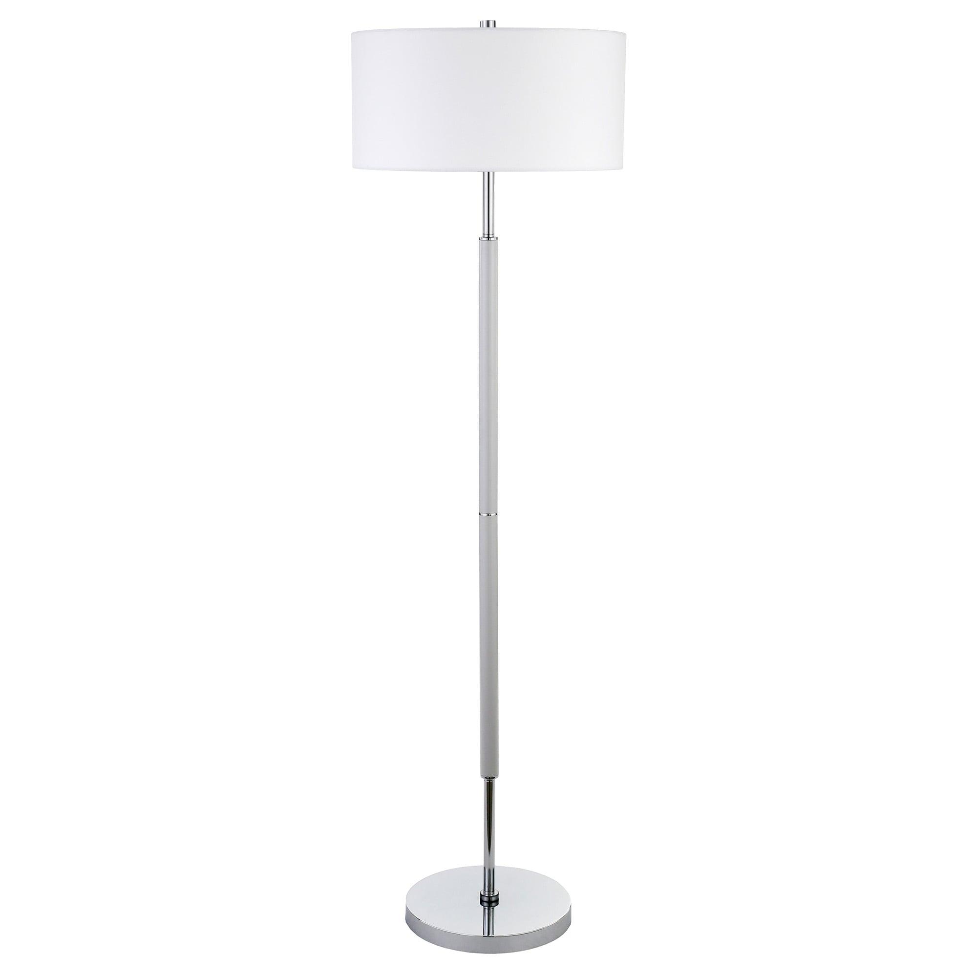 Evelyn&Zoe Simone 2-Light Floor Lamp with Fabric Shade, Cool Gray/Polished Nickel/White