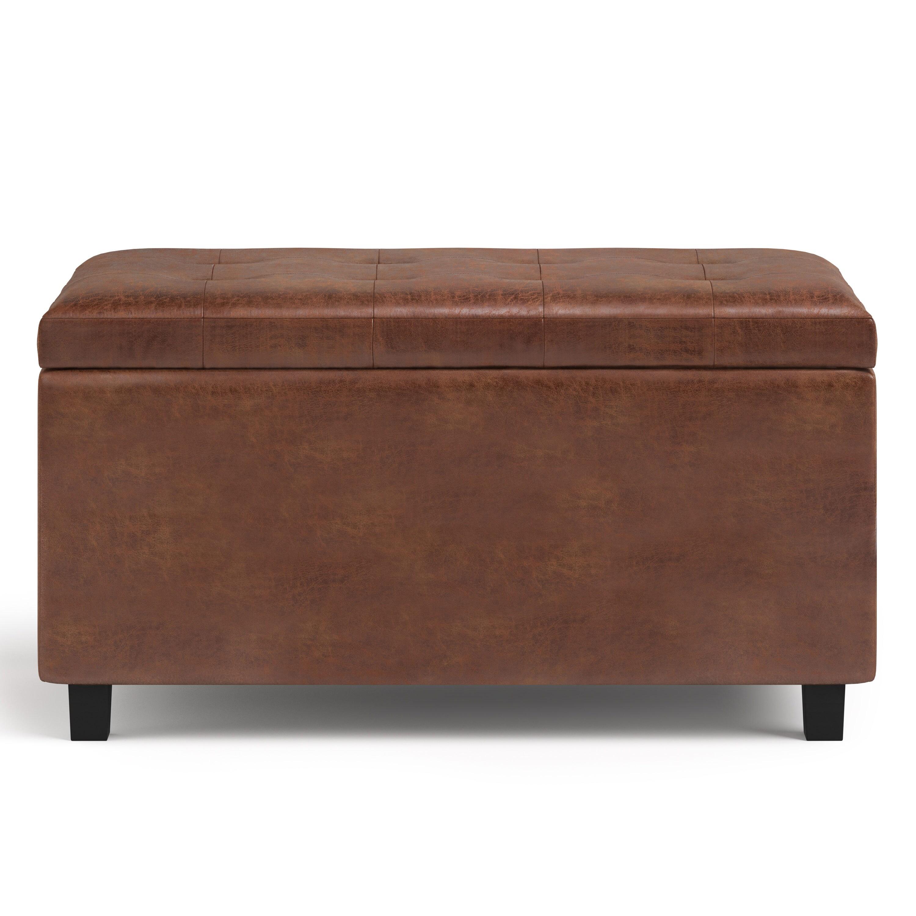 Simpli Home Cosmopolitan 34"W Upholstered Storage Ottoman with Tufted Design and Large Interior Storage
