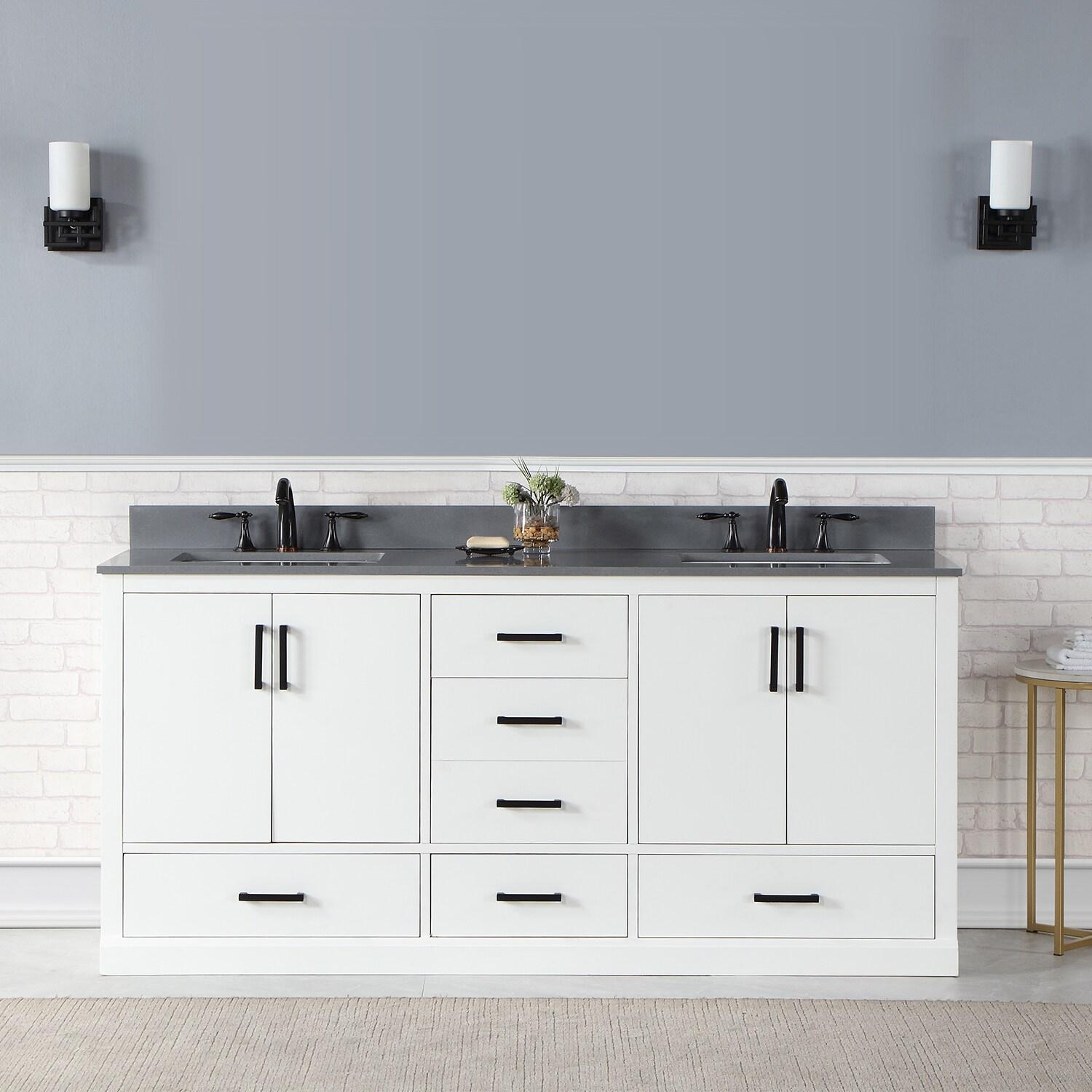 Monna 72" Double Bathroom Vanity Set in White with Concrete Grey Composite Stone Countertop without Mirror