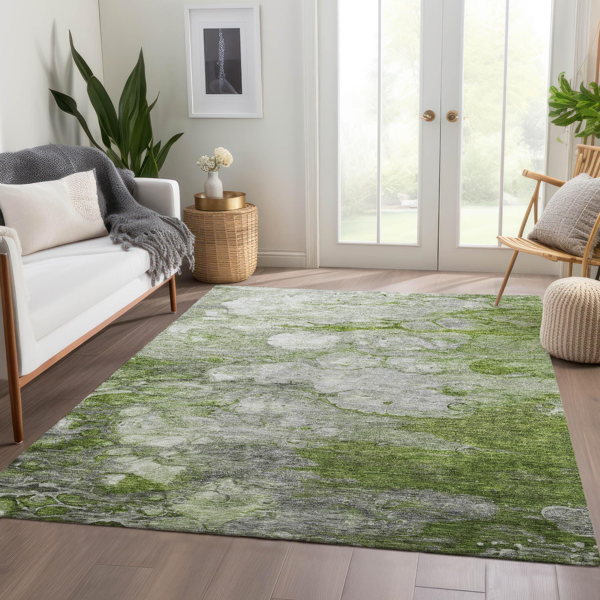 Olive and Gray Abstract Washable Synthetic 9' x 12' Rug