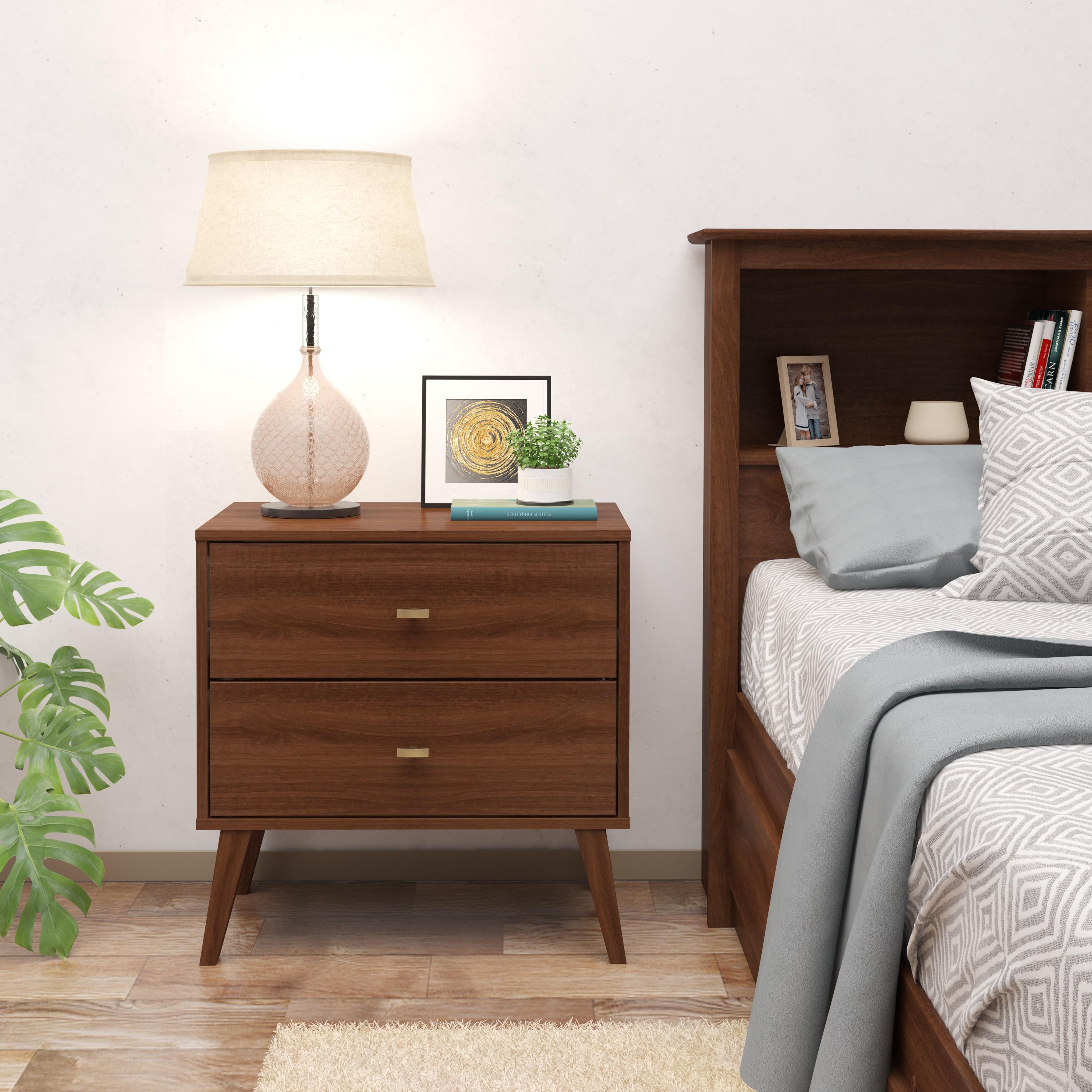 Milo Mid Century Modern 2 Drawer Nightstand Cherry - Prepac: Brushed Brass Knobs, Tapered Legs