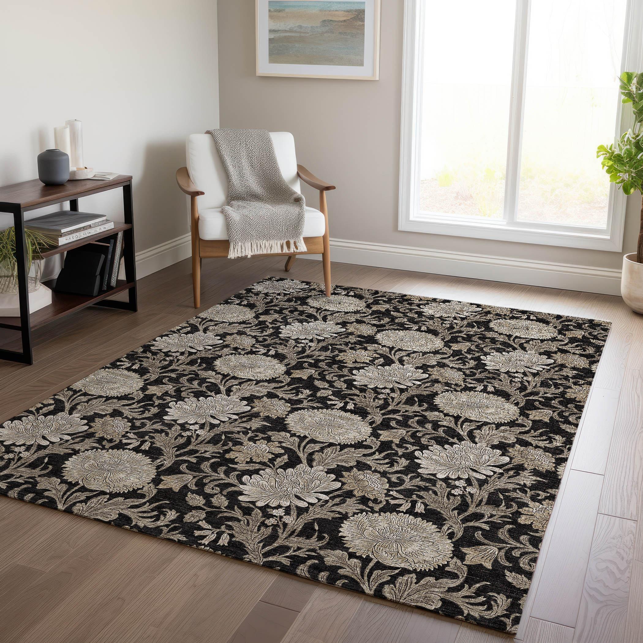 Addison Rugs Chantille Indoor/Outdoor Transitional Floral Black Washable Rectangle Rug, 5' x 7'6"