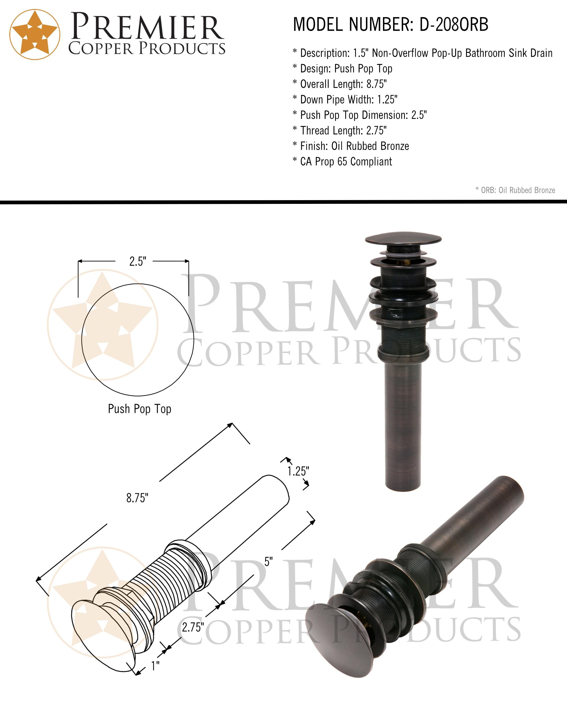 1.5" Non-Overflow Pop-up Bathroom Sink Drain - Oil Rubbed Bronze