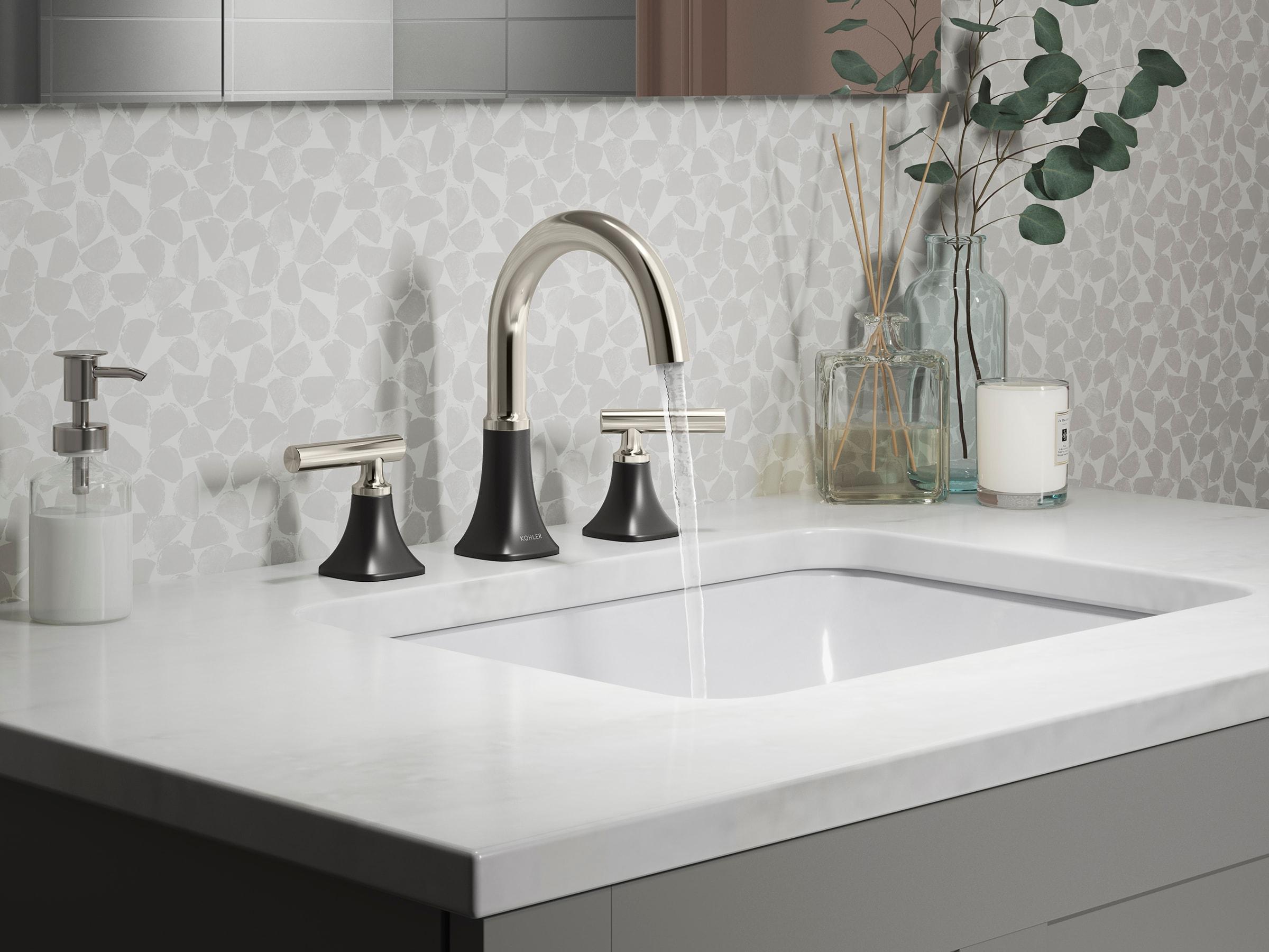 KOHLER Rill Matte Black/Polished Nickel Widespread 2-Handle WaterSense Bathroom Sink Faucet with Drain