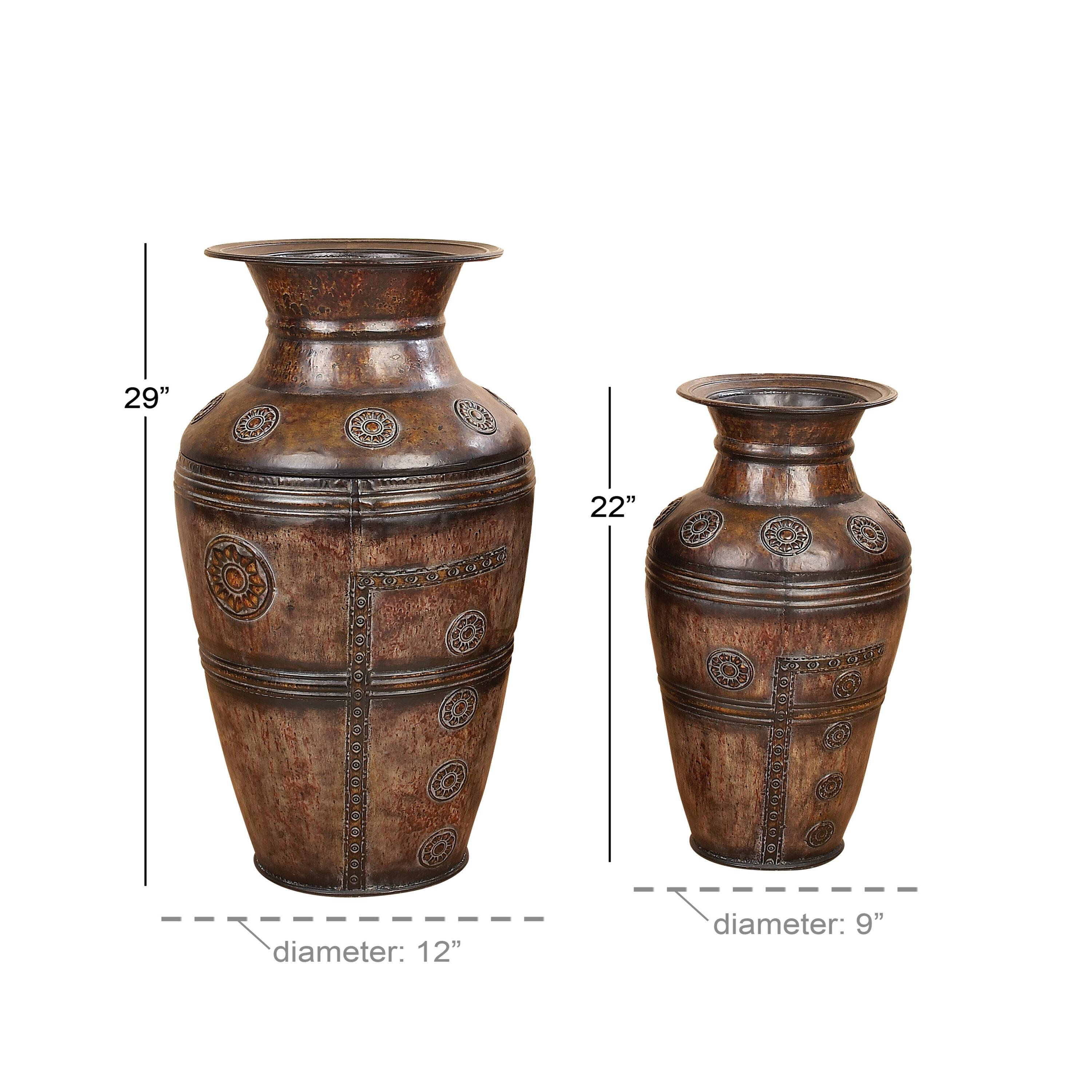 Deco 79 Metal Decorative Vase Indoor Outdoor Large Centerpiece Vases with Floral Relief, Set of 2 Flower Vases for Home Decoration 29", 22"H, Brown