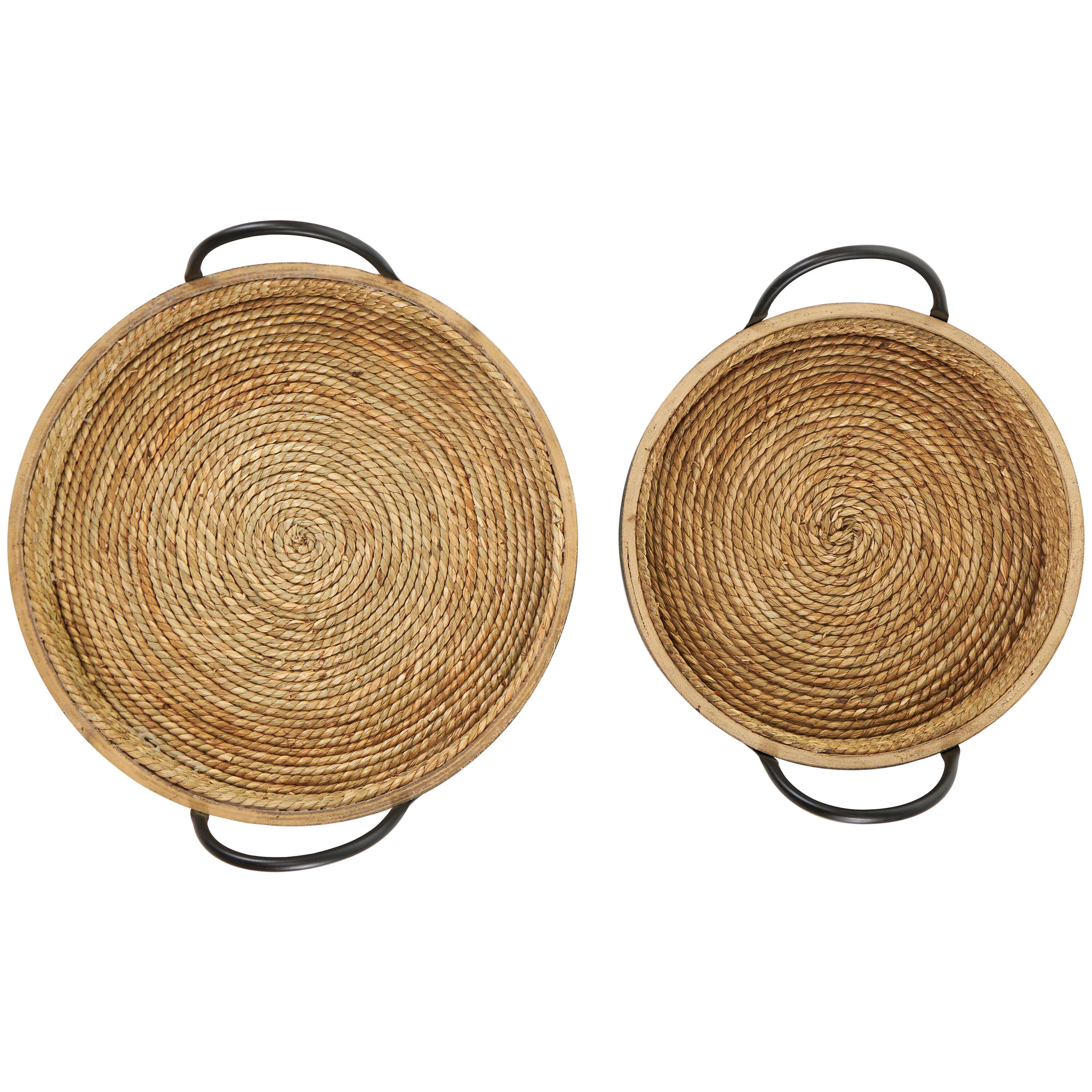 Set of 2 Round Black and Natural Wood Decorative Trays