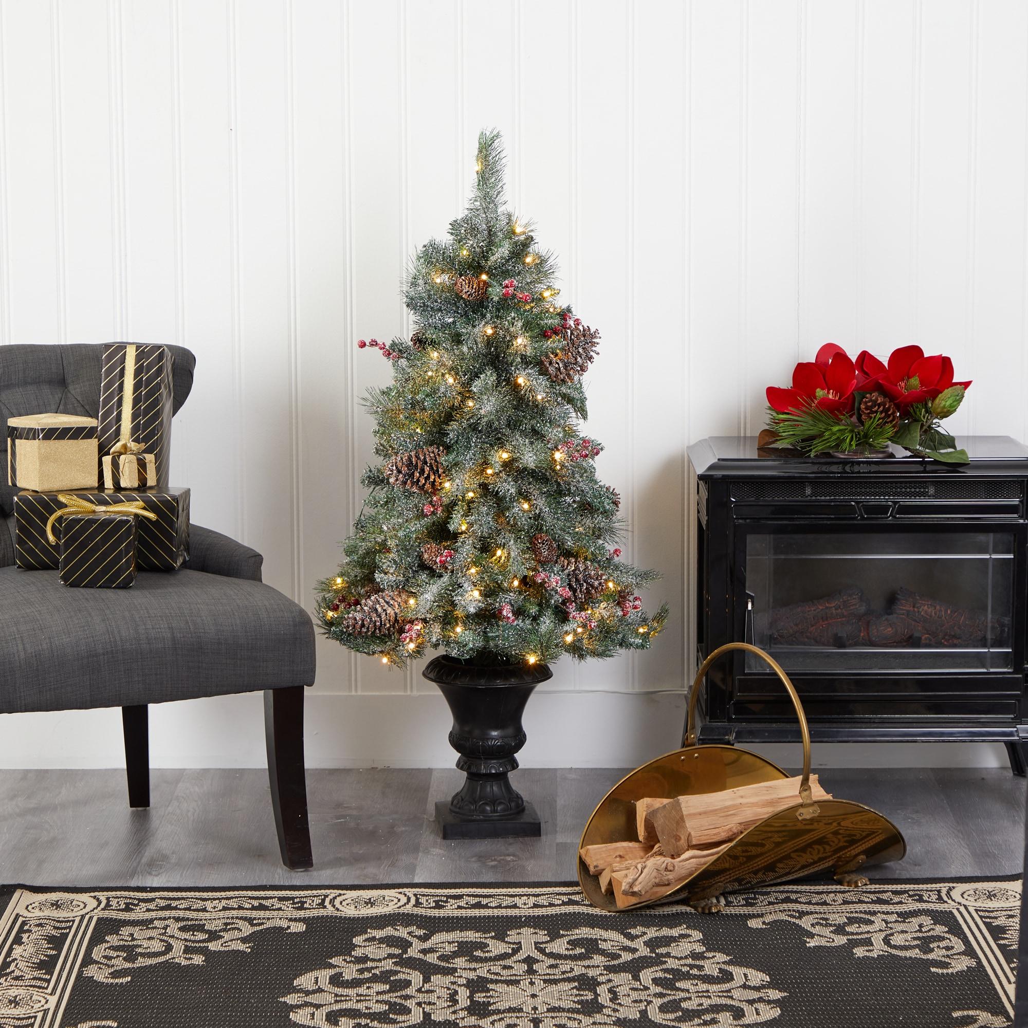 Nearly Natural 4’ Frosted Pine, Pinecone and Berries Prelit LED Artificial Christmas Tree in Decorative Urn