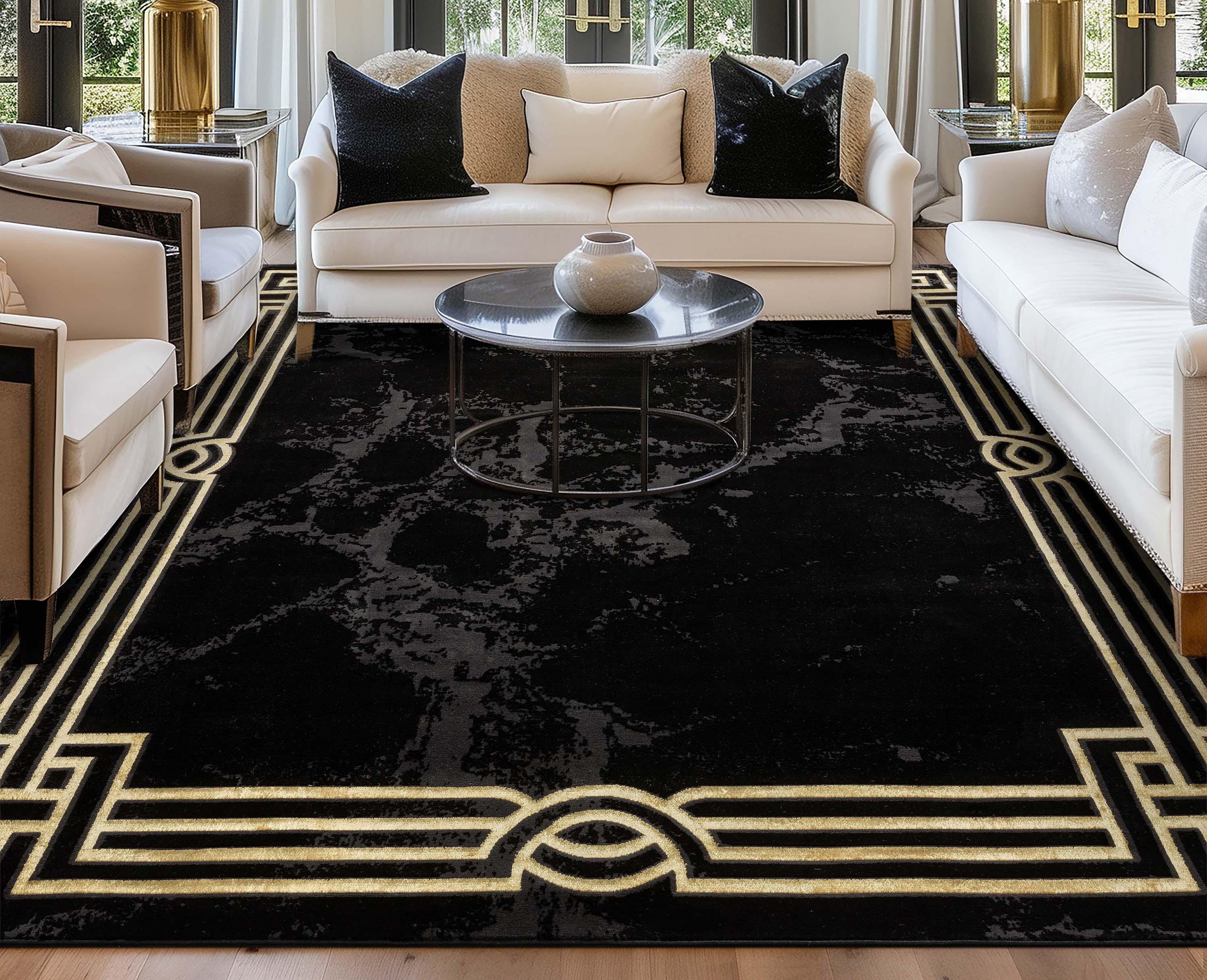FairmontMarble Abstract Black Gold Glam Area Rug for Living Room, Bedroom, Dining Room and Hallway