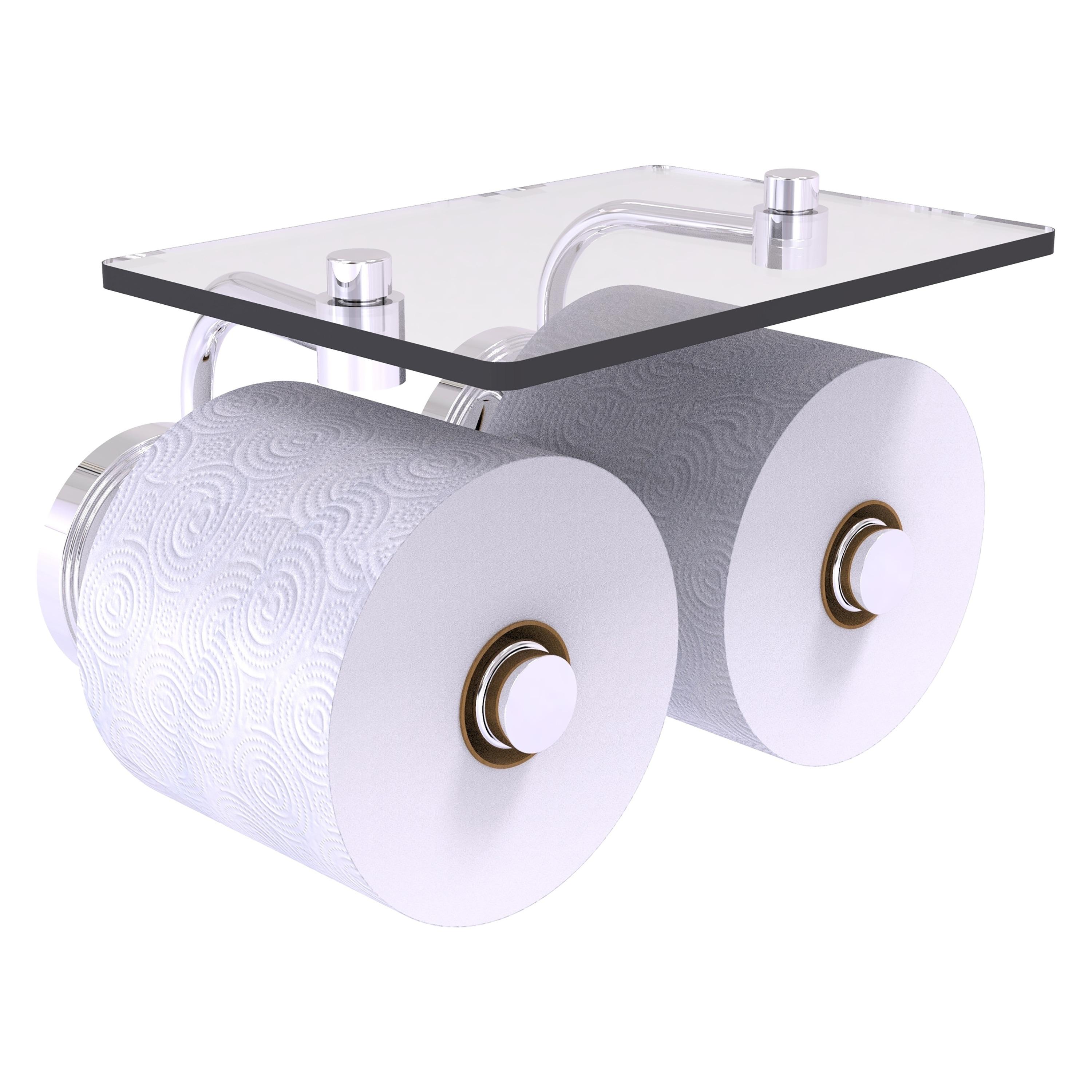 Polished Chrome Dual Roll Toilet Paper Holder with Glass Shelf