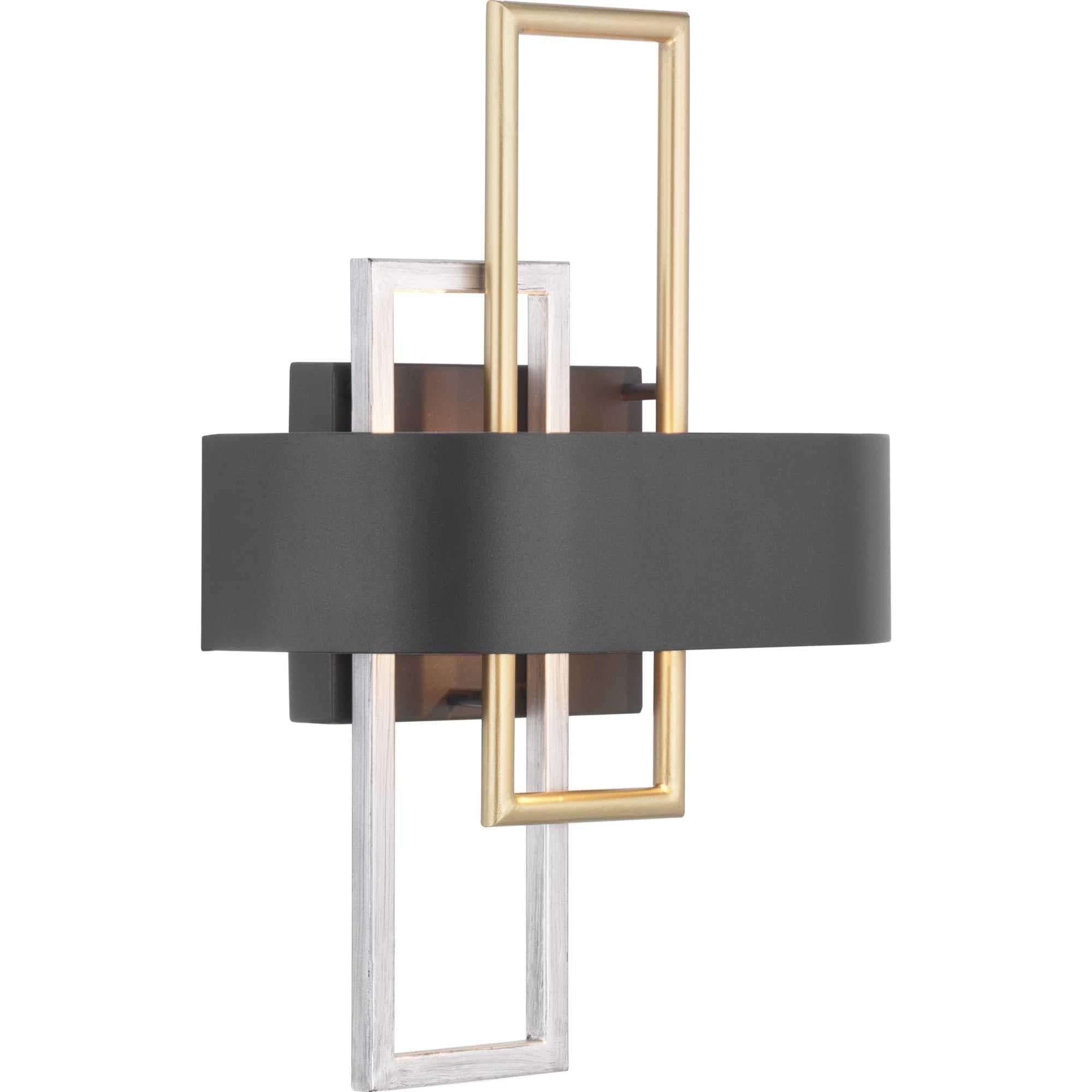 Progress Lighting Adagio 2-Light Wall Sconce, Black, Geometric Pattern, Steel, Damp Rated, Brushed Silver and Brass Accents