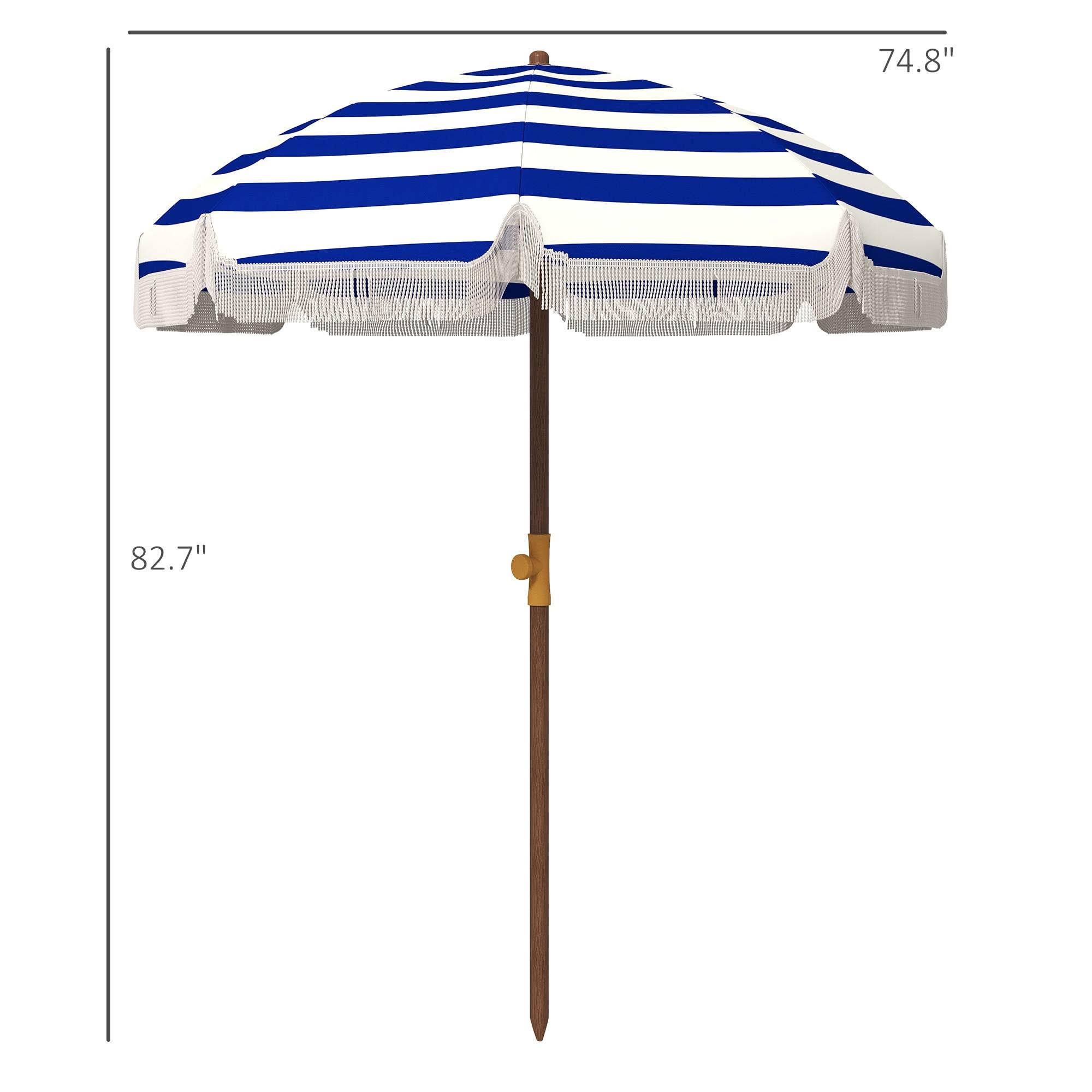 6.2-ft Blue and White Striped Steel Beach Umbrella with Fringe