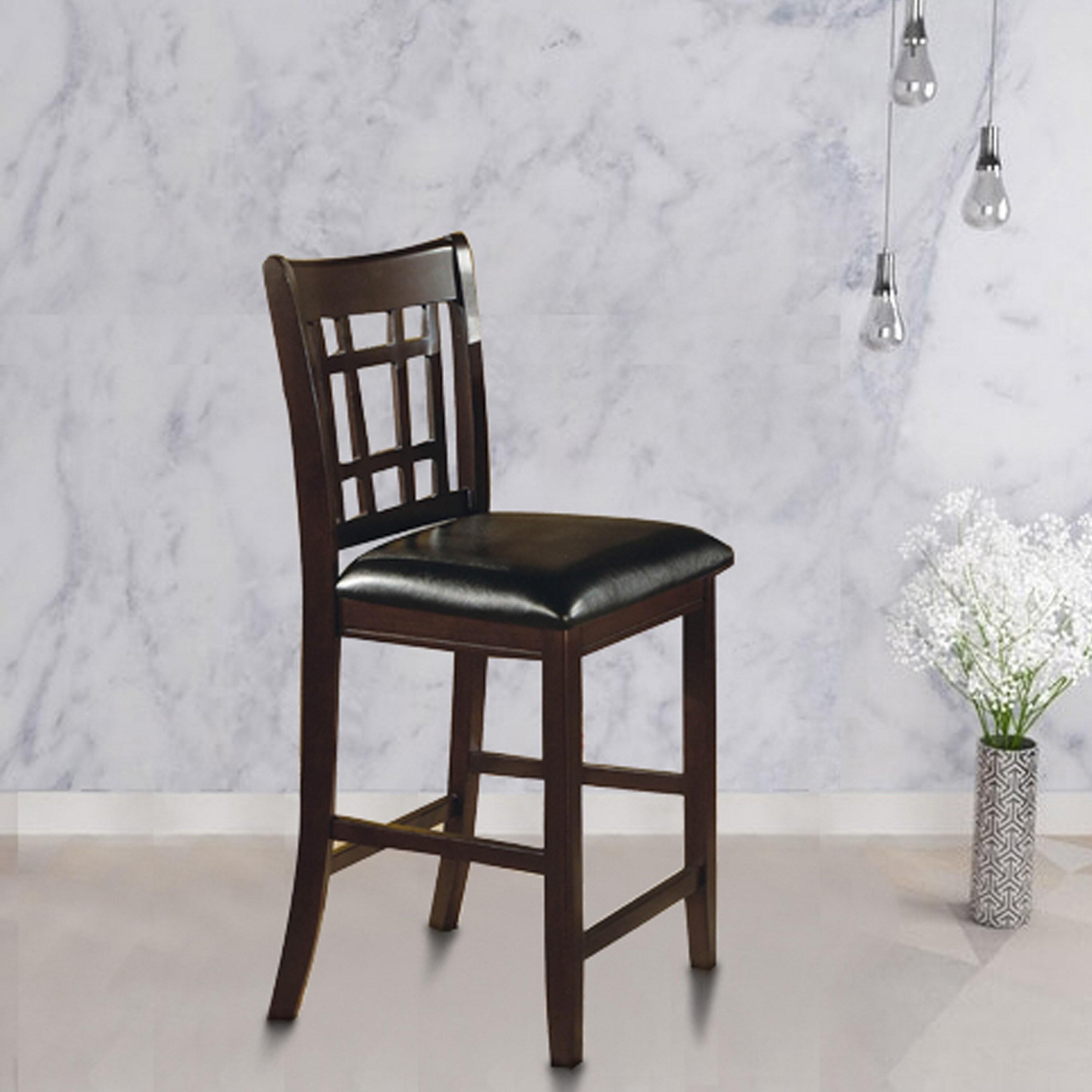 Benzara Lattice Back 24" Wooden Counter Height Chair with Leatherette Seat, Set of 2, Brown and Black