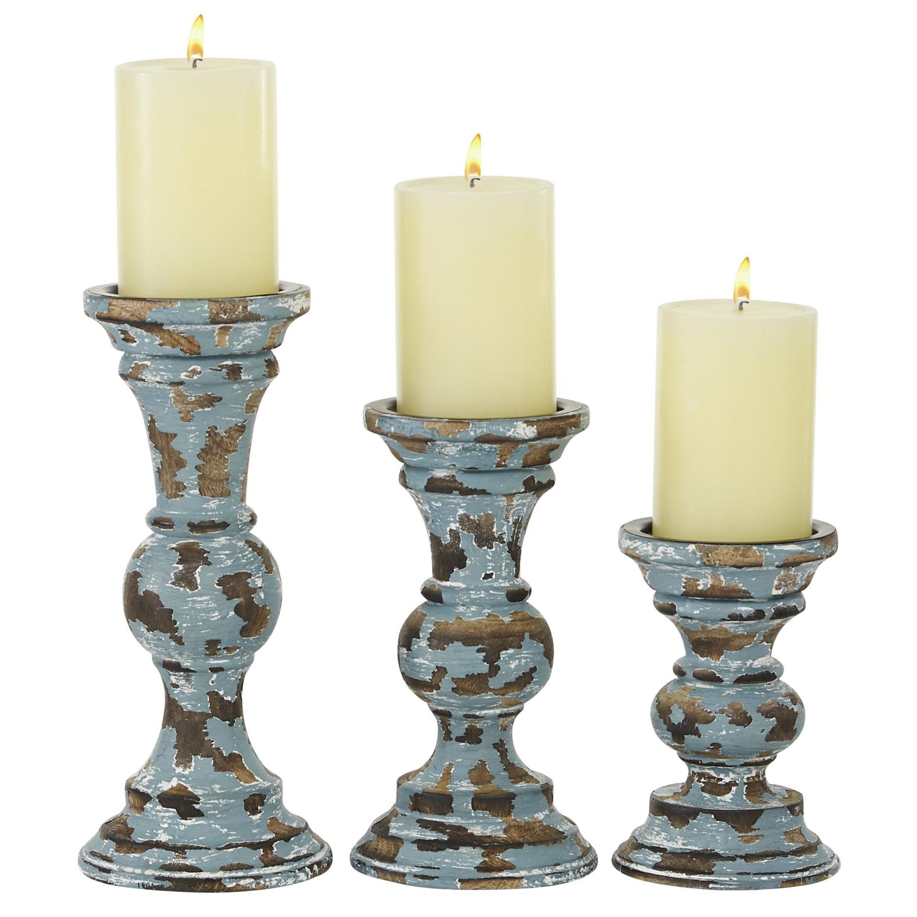 DecMode 3 Candle Light Blue Wood Candle Holder, Set of 3