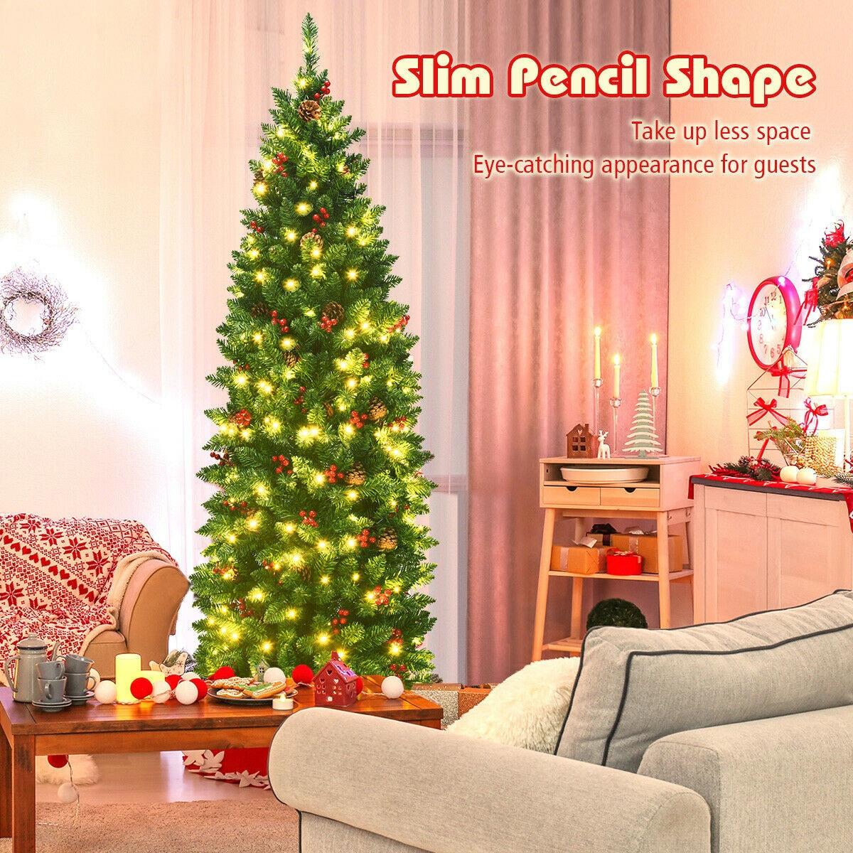 Costway 6.5Ft Pre-lit Hinged Pencil Christmas Tree w/Pine Cones Red Berries & 250 Lights