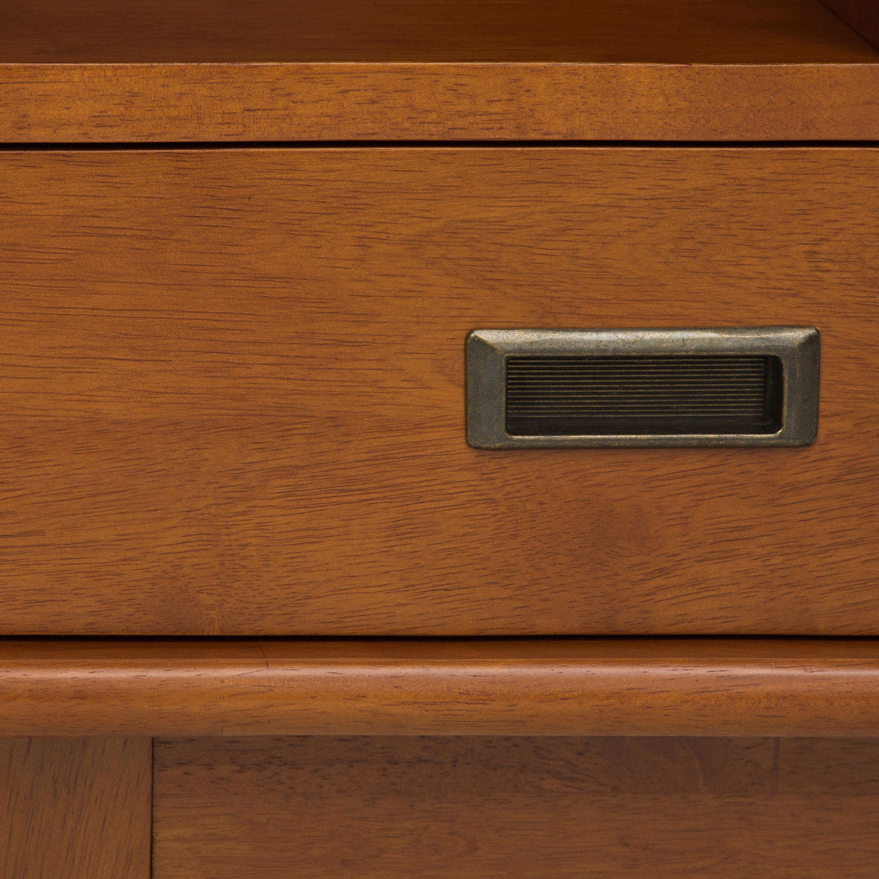 Simpli Home Draper 35"W Solid Hardwood 6 Shelf Compartment Mid-Century Modern Wide Bookcase with 2 Drawers