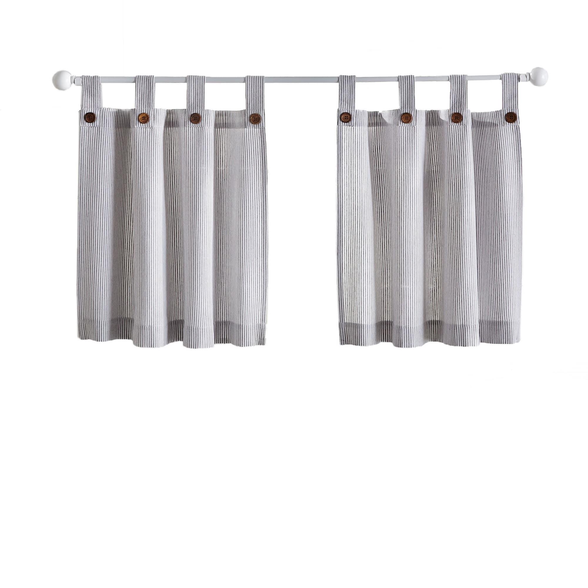 Tucker Ticking Stripe Button Tab Top Window Kitchen Tier Set of 2 - 30" x 24" - Gray - Elrene Home Fashions