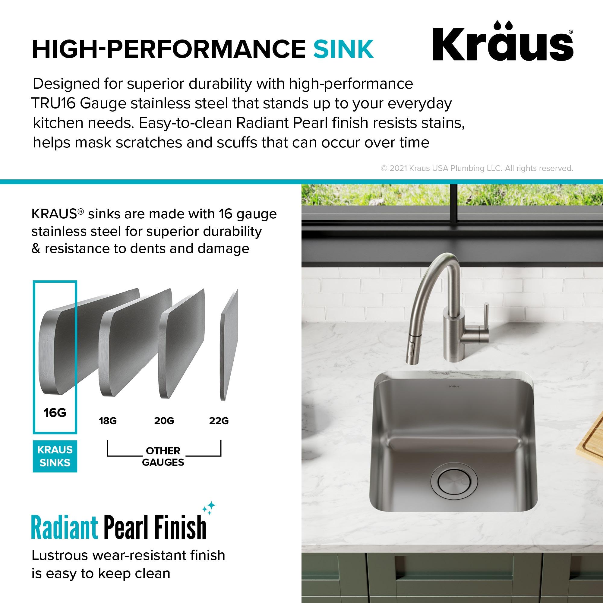 Dex™️ Series KRAUS 17" L Undermount 16 Gauge Stainless Steel Single Bowl Kitchen Sink