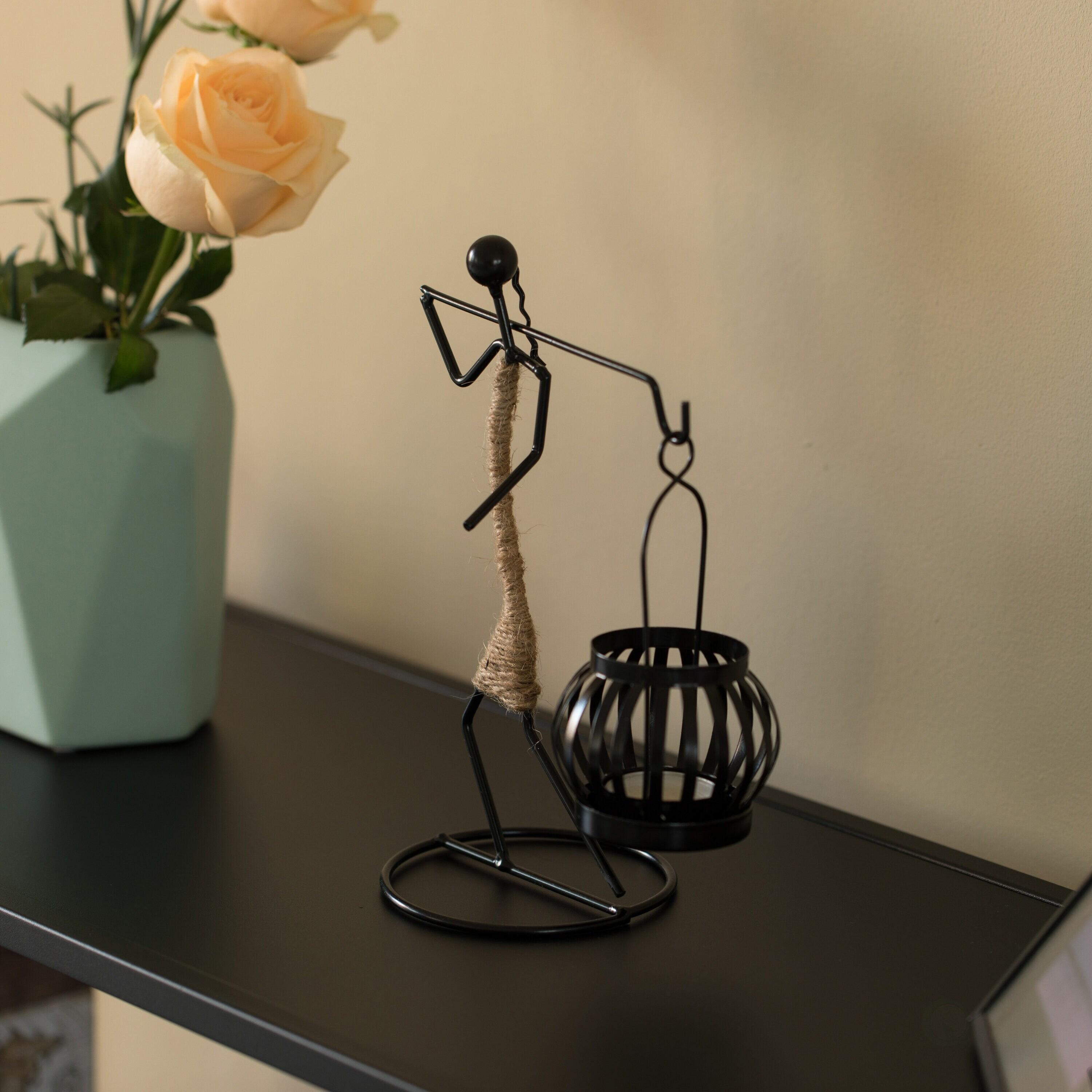Fabulaxe Wire Figure Candle Holder Decorative Modern Tea Light Lantern Tabletop Centerpiece Candle Stand, Back Carry