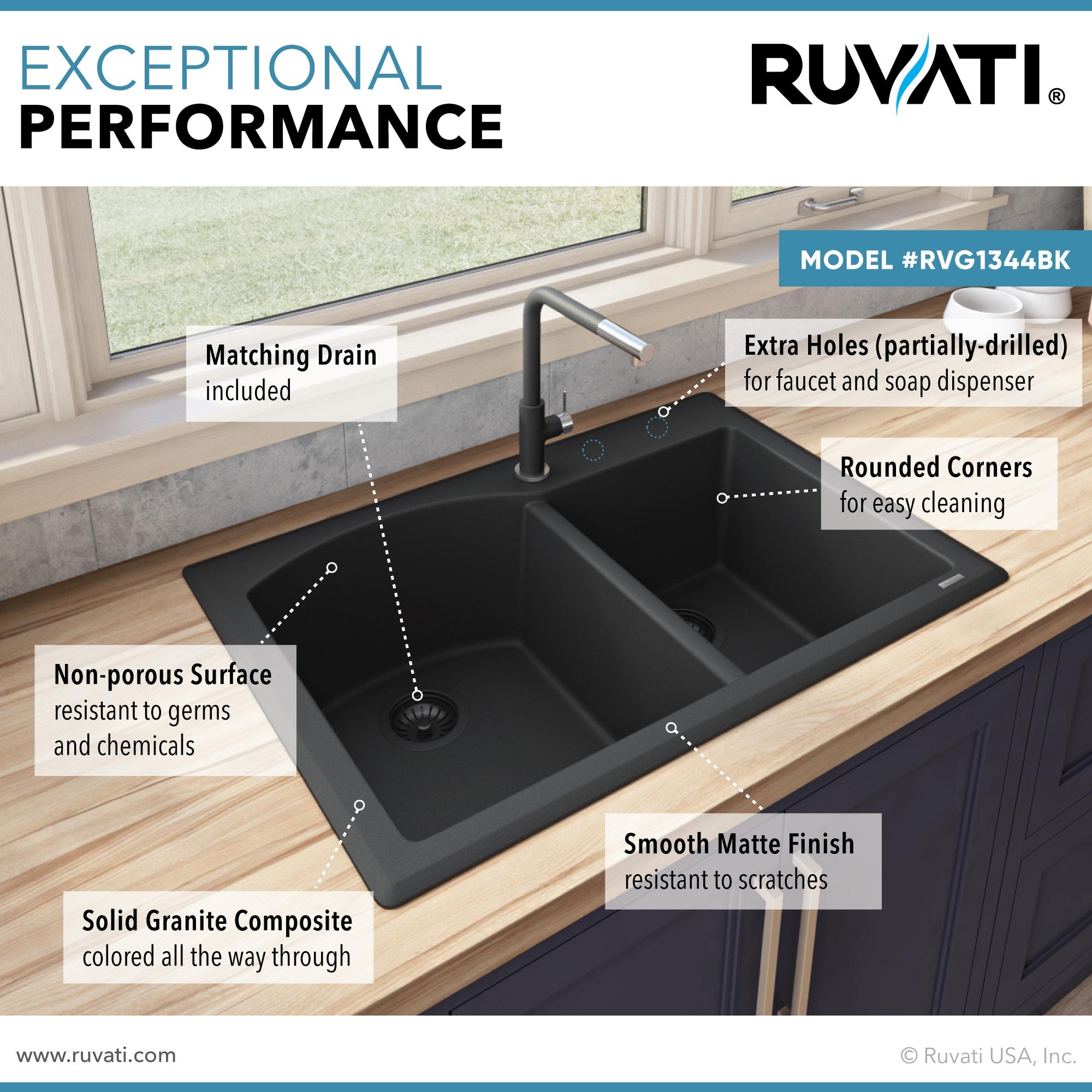 Ruvati 33 x 22 inch epiGranite Dual-Mount Granite Composite Double Bowl Kitchen Sink