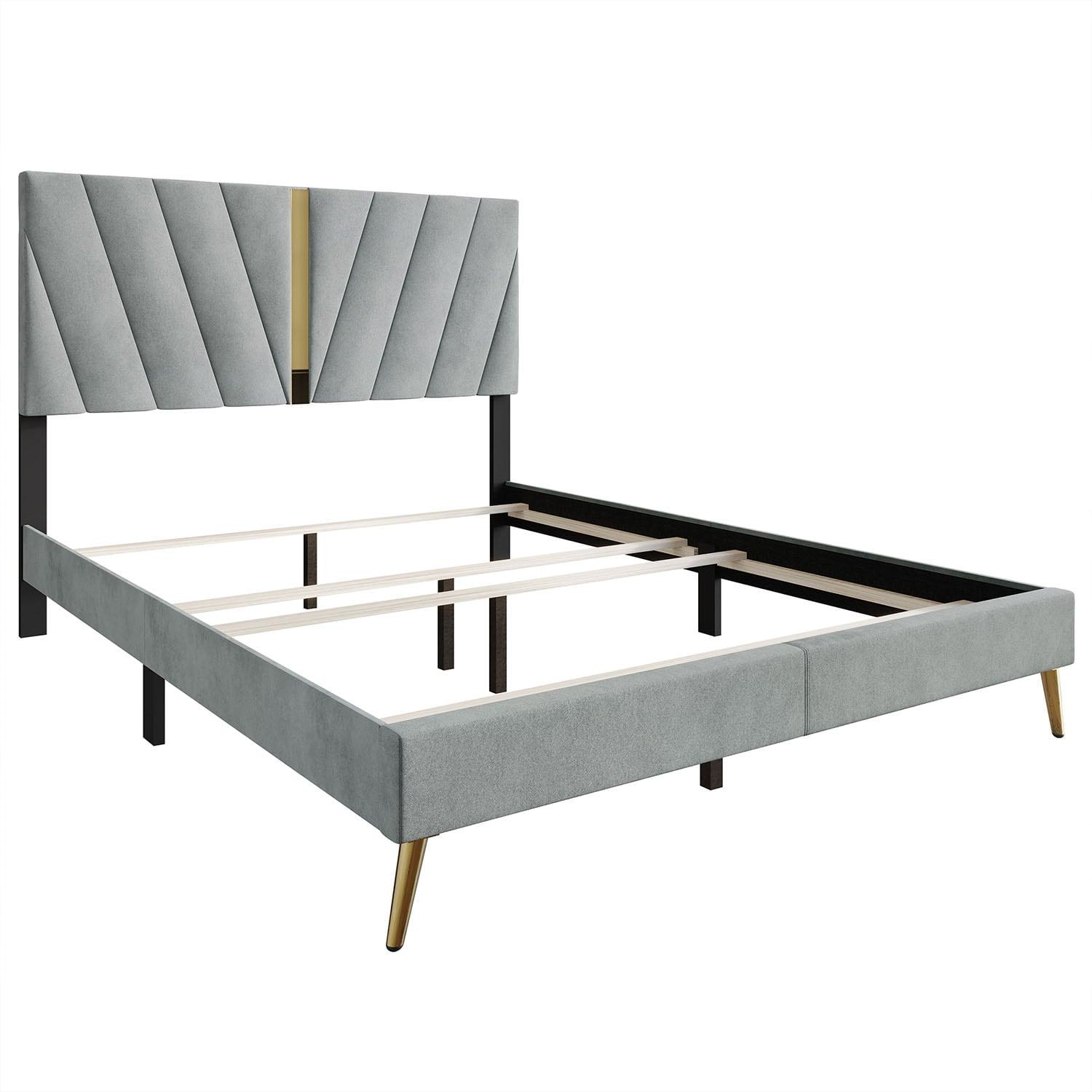 Castle Place Contemporary Velvet Queen Upholstered Bed with 2 Nightstand and Bench, Silver Grey