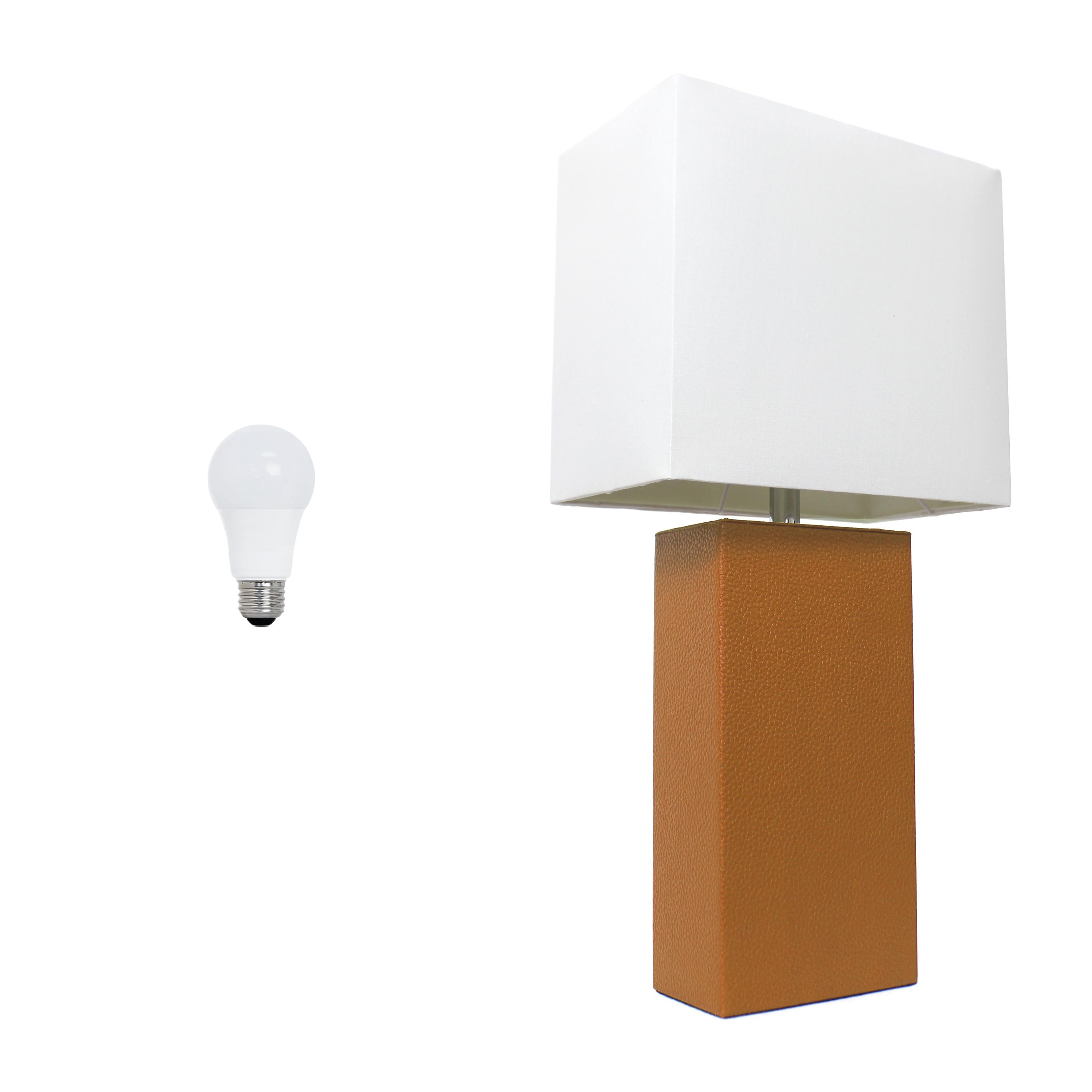 21" Lexington Leather Base Modern Home Decor Bedside Table Lamp with USB Charging Port and Fabric Shade Tan/White - Lalia Home: No Assembly