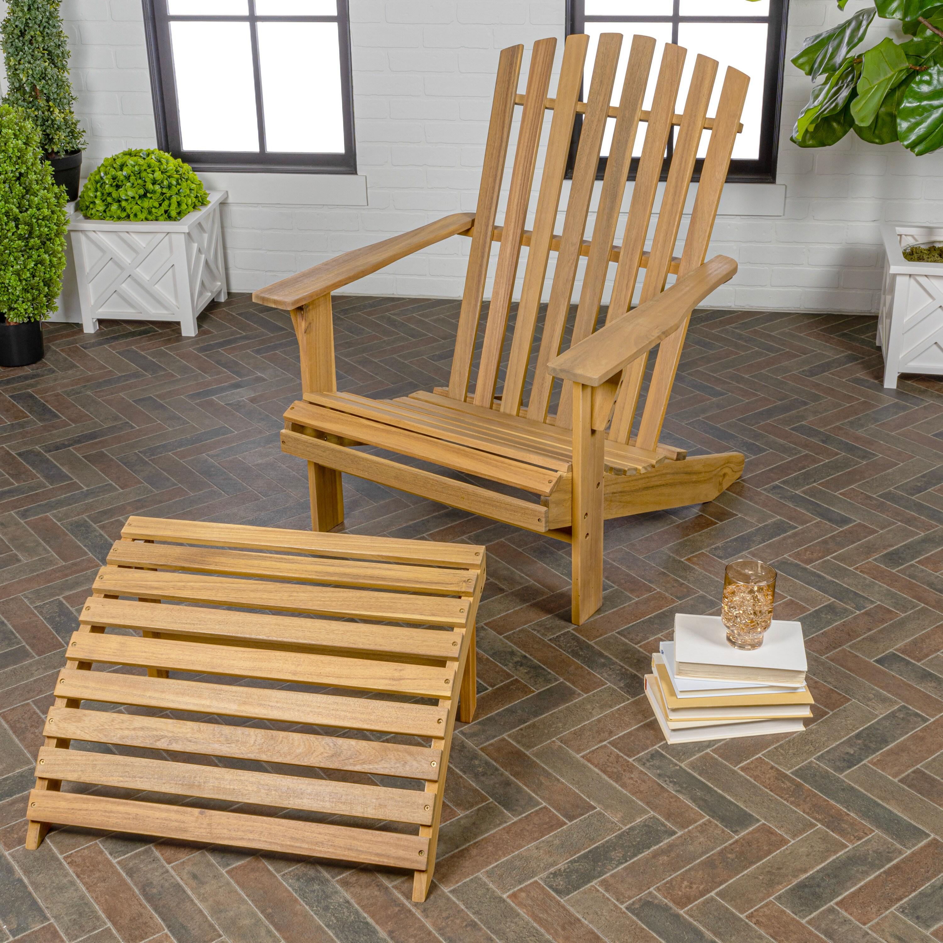 Saranac 2-Piece Traditional Rustic Acacia Wood Adirondack Chair with Detachable Ottoman, Teak Brown - JONATHAN Y