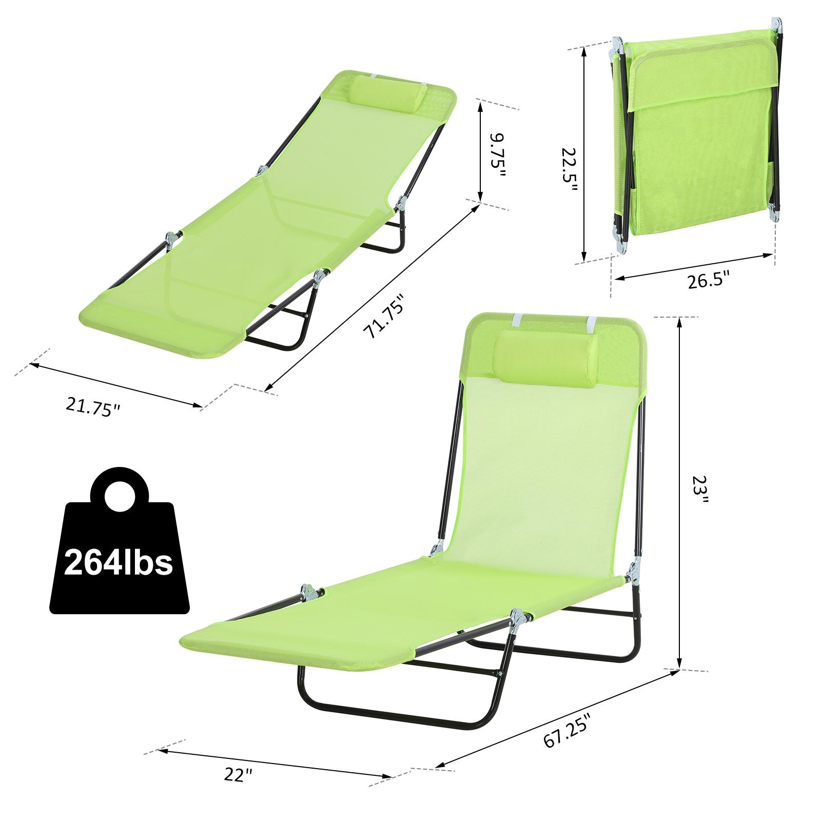 Outsunny Foldable Outdoor Chaise Lounge Chair, 5-Level Reclining Camping Tanning Chair with Breathable Mesh Fabric and Headrest, Green