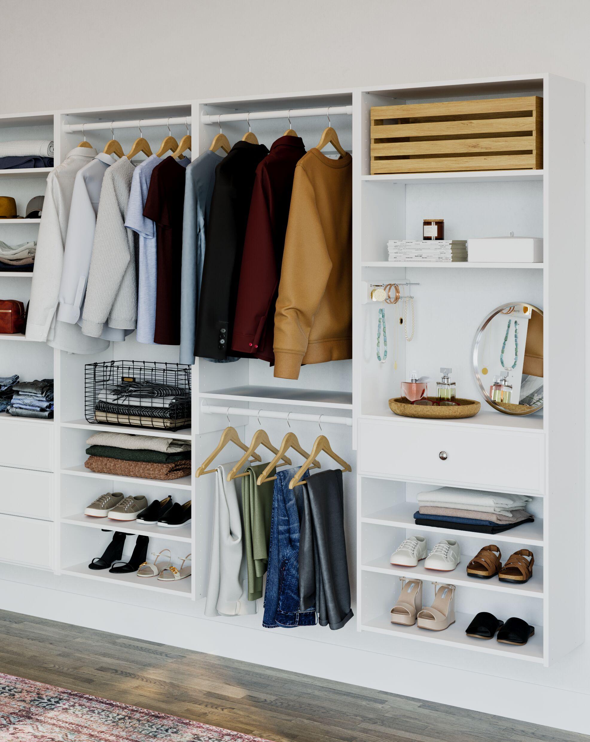 White Composite Wood Double Hanging Closet Organizer with Shelves